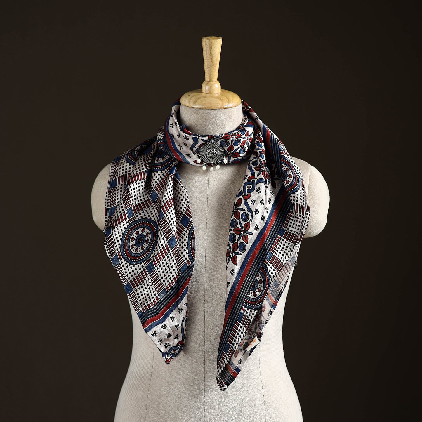 Ajrakh Hand Block Print Natural Dyed Modal Silk Brooch Scarf 17