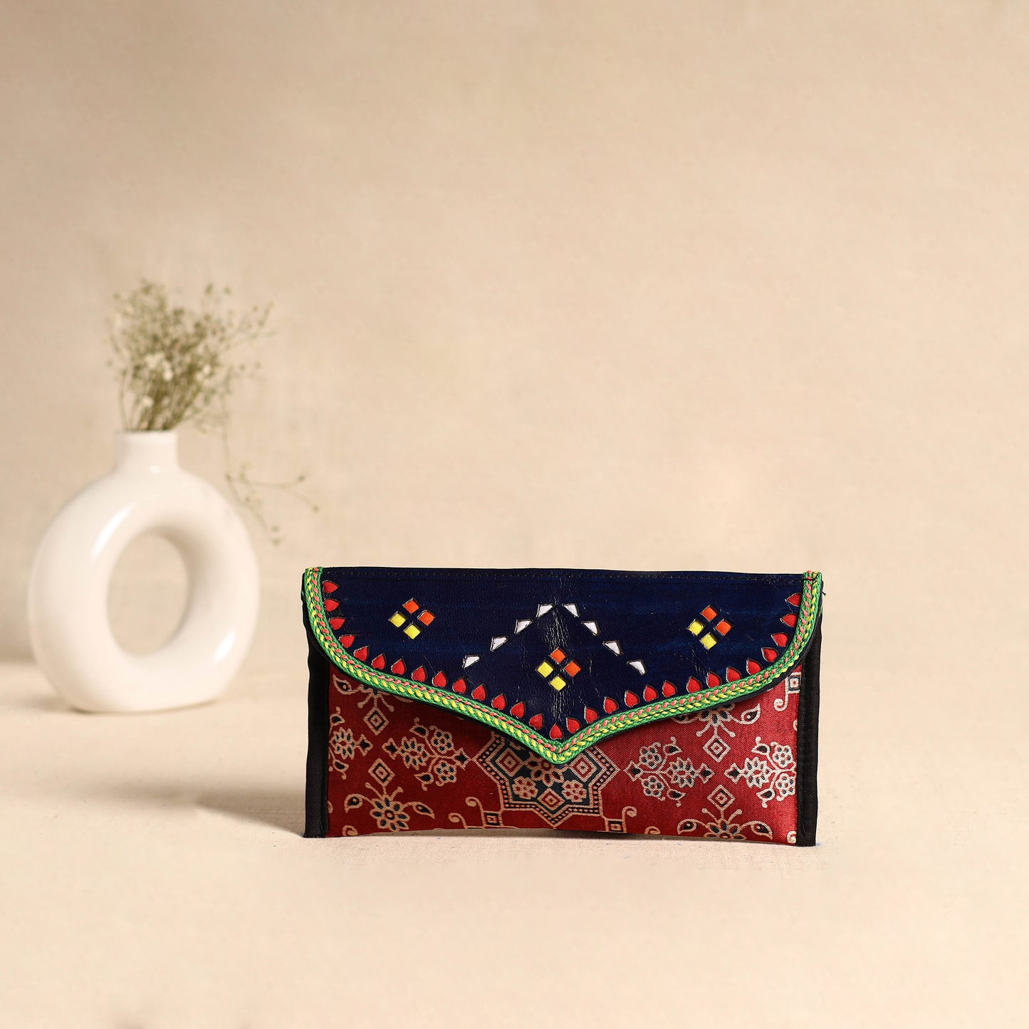 Traditional Kutch Mashru Silk Leather Flap Clutch / Wallet 105