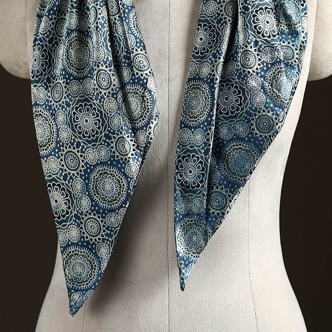 Ajrakh Hand Block Print Natural Dyed Modal Silk Brooch Scarf 18