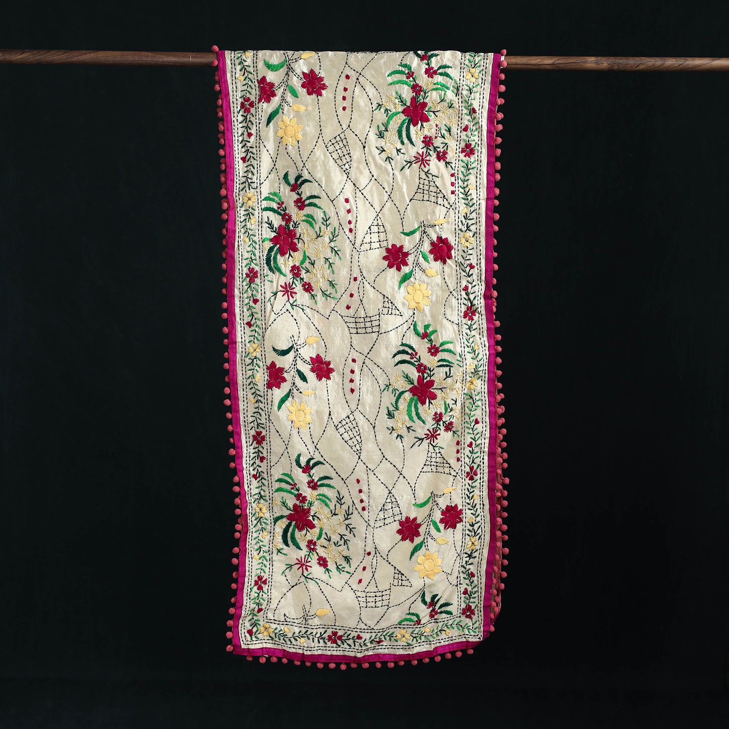 Ranihati Chanderi Silk Hand Embroidered Stole with Pom Pom 217