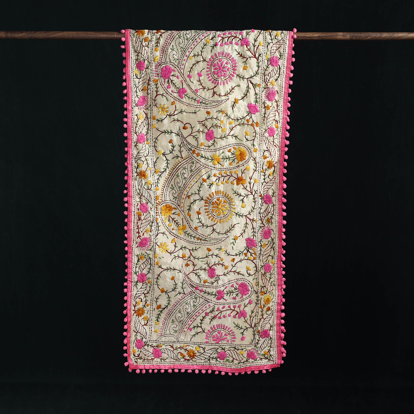 Ranihati Chanderi Silk Hand Embroidered Stole with Pom Pom 216