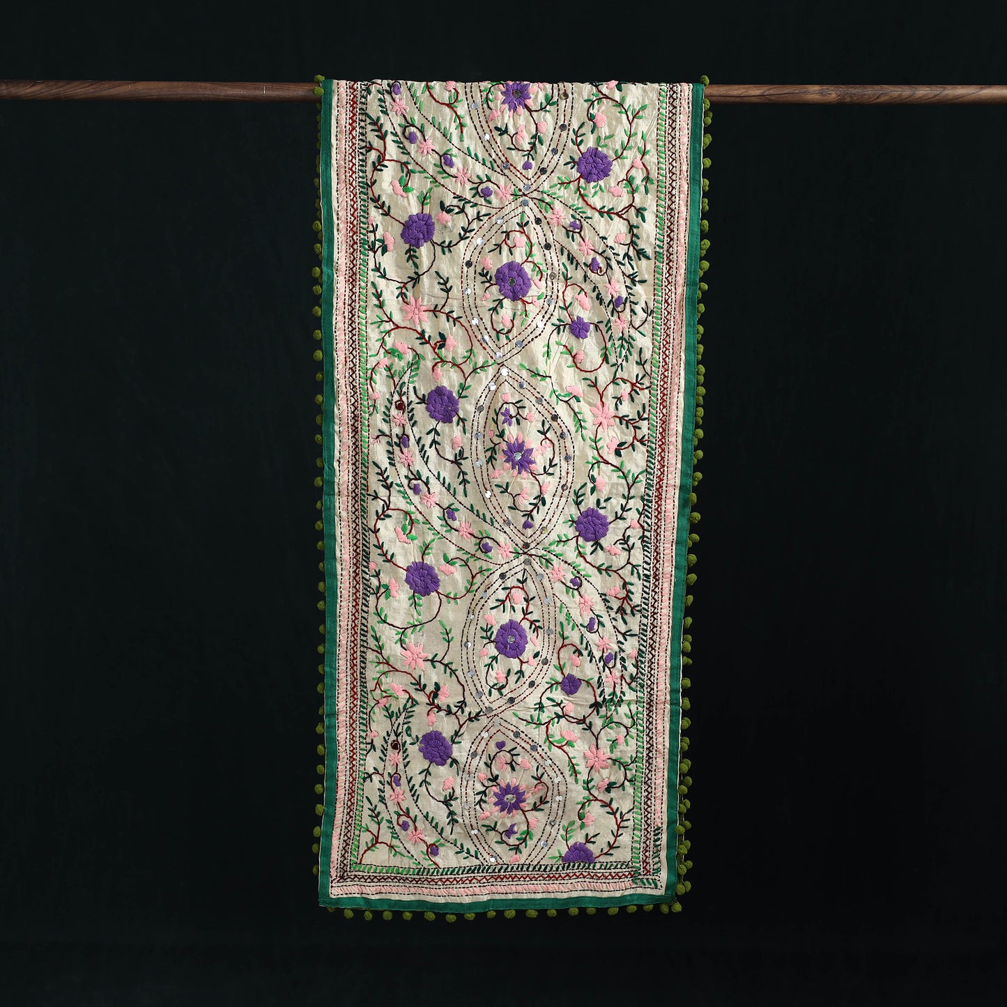 Ranihati Chanderi Silk Hand Embroidered Stole with Pom Pom 215