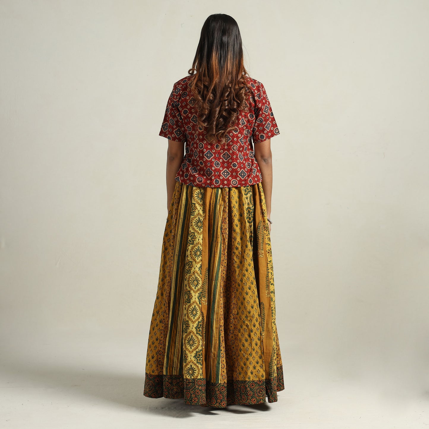 Yellow - Ajrakh Block Printed 24 Kali Patchwork Cotton Long Skirt 72