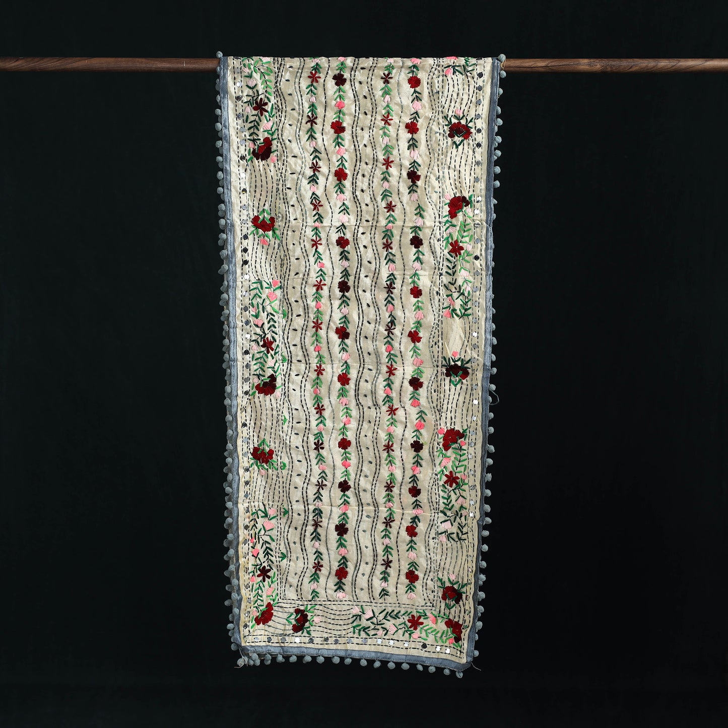 Ranihati Chanderi Silk Hand Embroidered Stole with Pom Pom 212