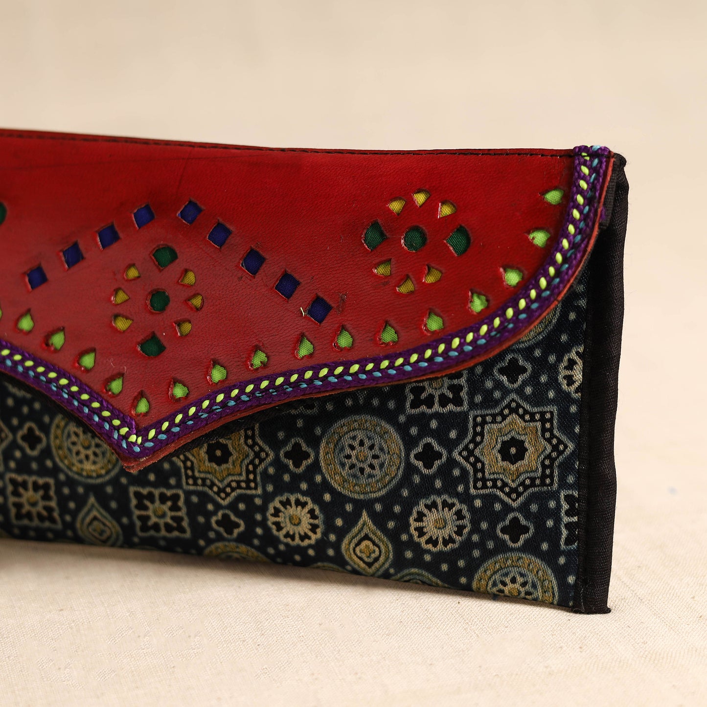 Traditional Kutch Mashru Silk Leather Flap Clutch / Wallet 106