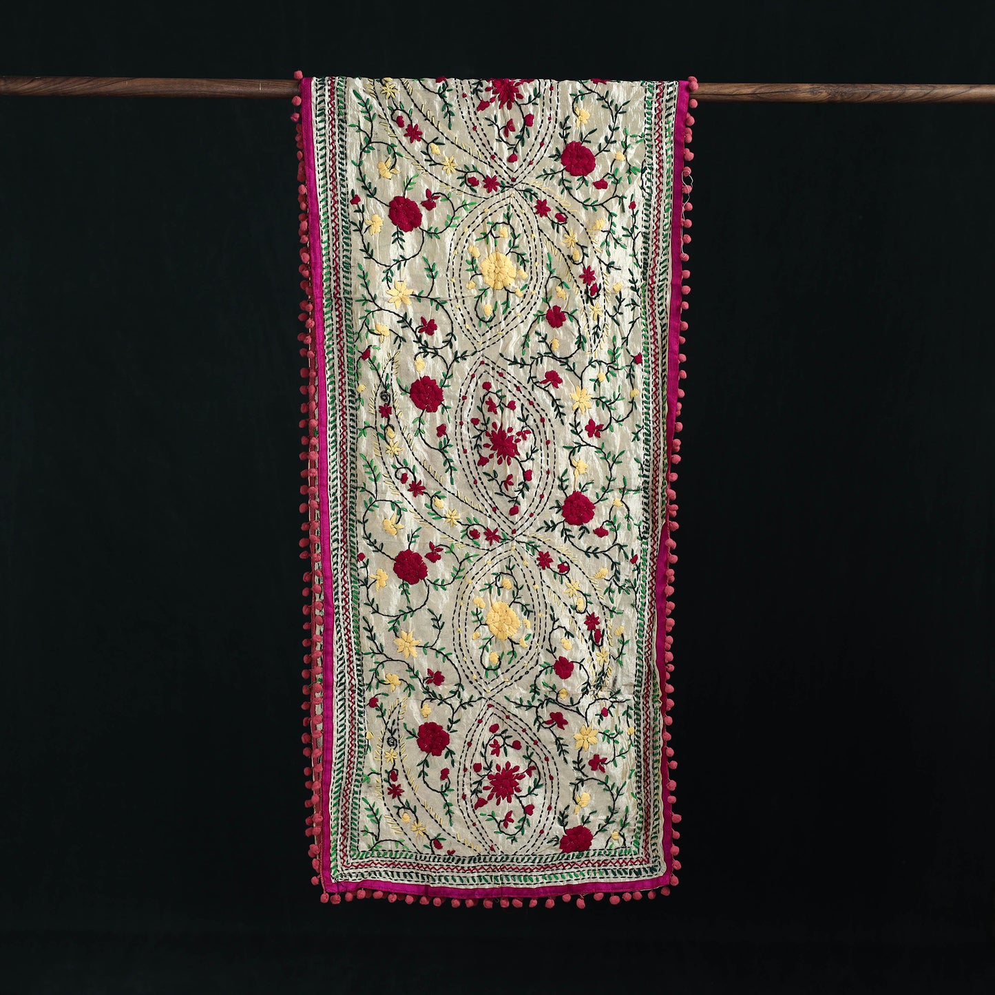 Ranihati Chanderi Silk Hand Embroidered Stole with Pom Pom 211