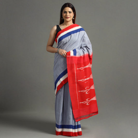 Blue - Pochampally Ikat Weave Handloom Cotton Saree 03