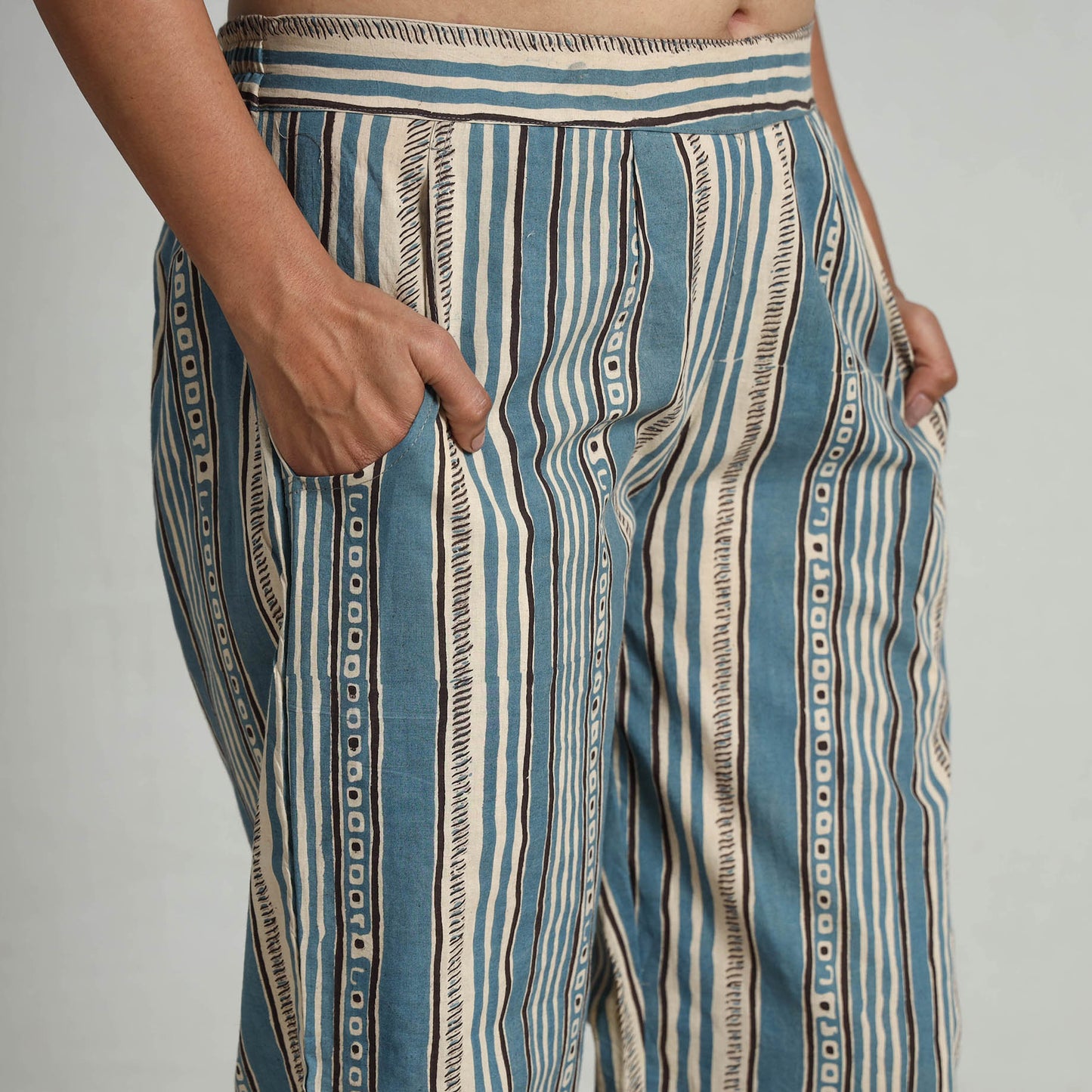 Light Blue - Kalamkari Printed Cotton Elasticated Palazzo