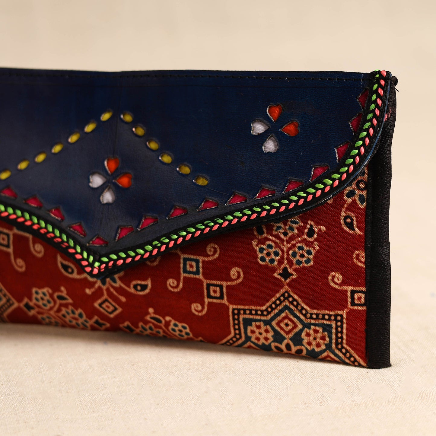 Traditional Kutch Mashru Silk Leather Flap Clutch / Wallet 107