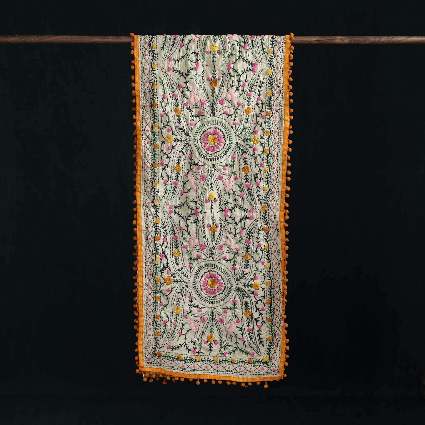 Ranihati Chanderi Silk Hand Embroidered Stole with Pom Pom 205