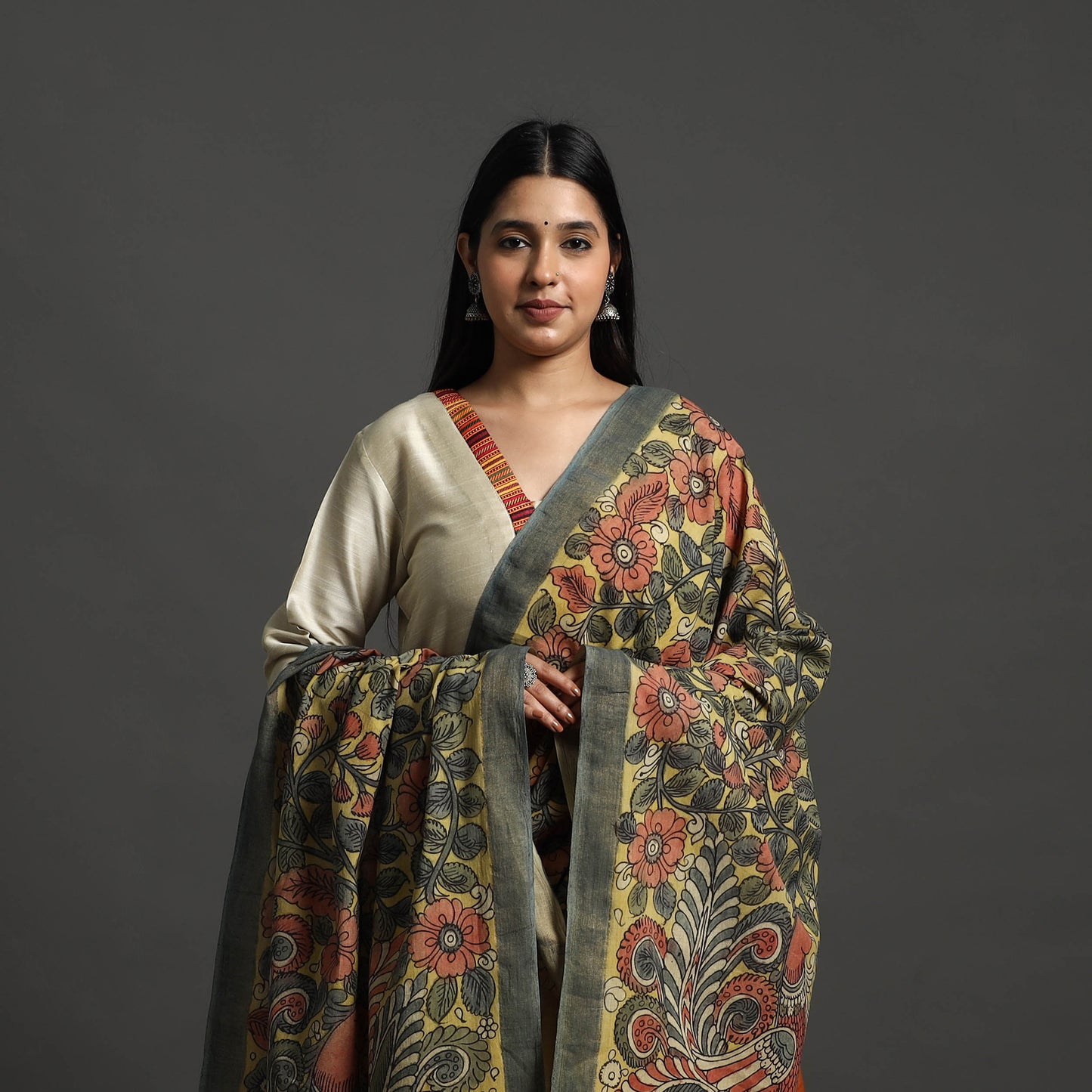 Yellow - mangalagiri cotton handpainted pen work kalamkari