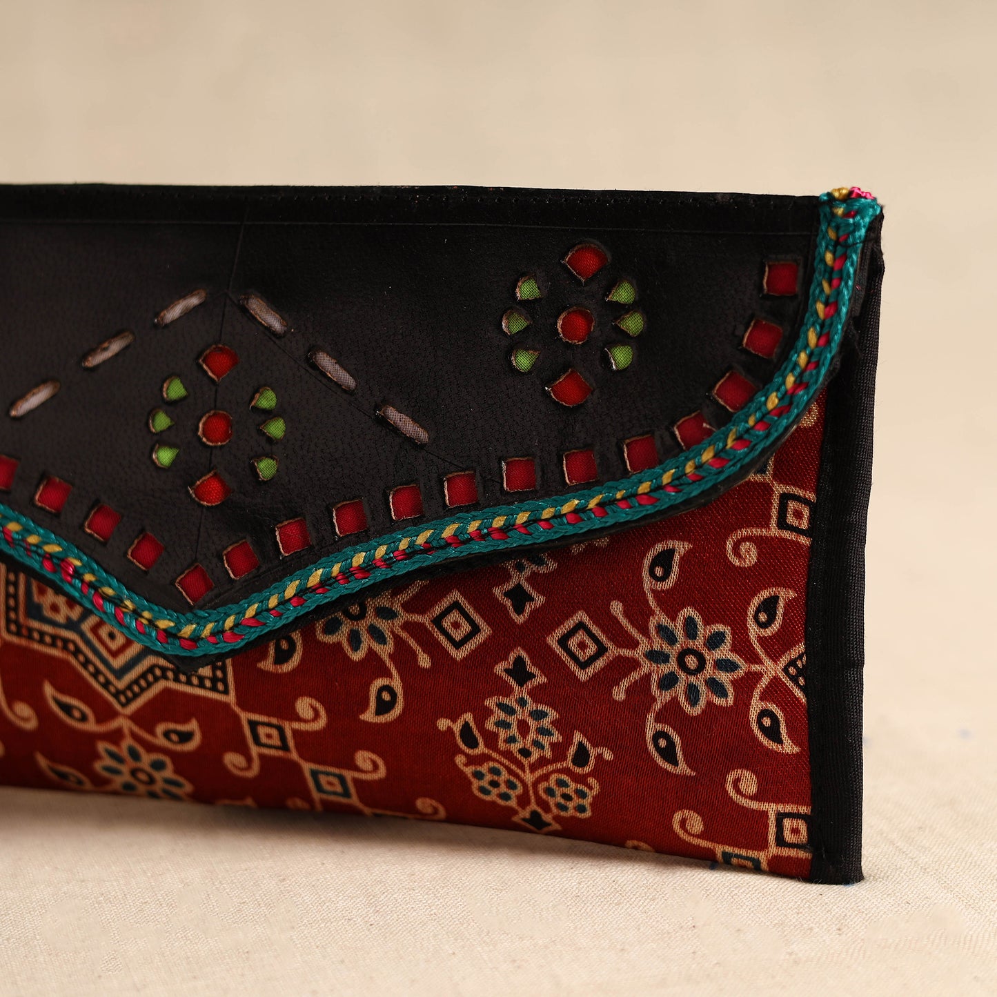 Traditional Kutch Mashru Silk Leather Flap Clutch / Wallet 108