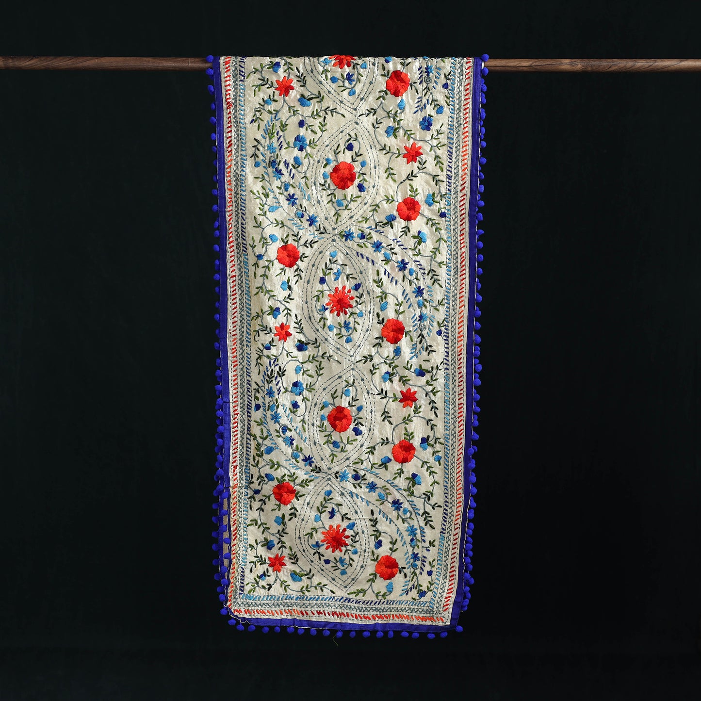 Ranihati Chanderi Silk Hand Embroidered Stole with Pom Pom 204