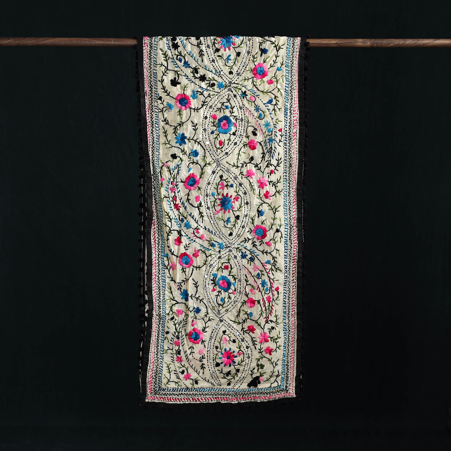 Ranihati Chanderi Silk Hand Embroidered Stole with Pom Pom 202