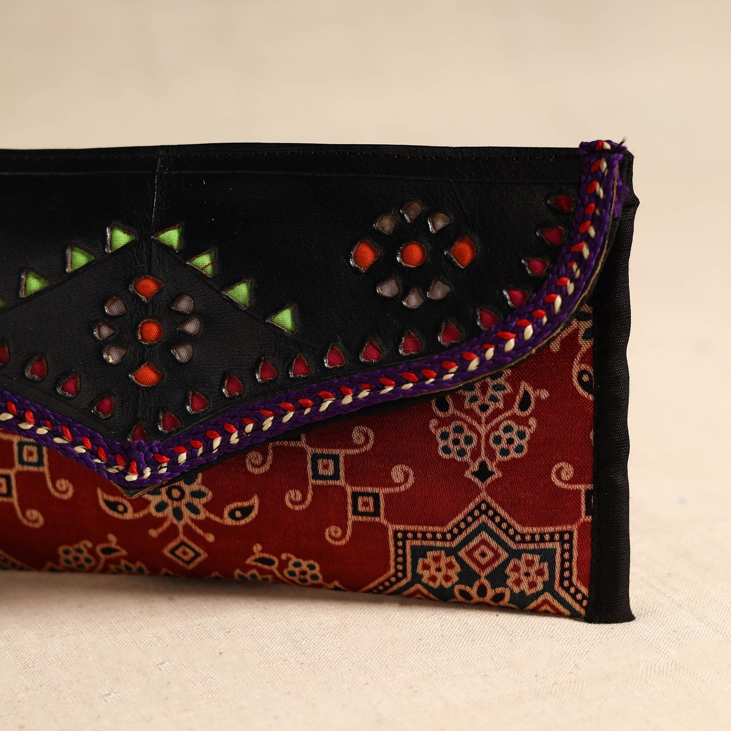 Traditional Kutch Mashru Silk Leather Flap Clutch / Wallet 109