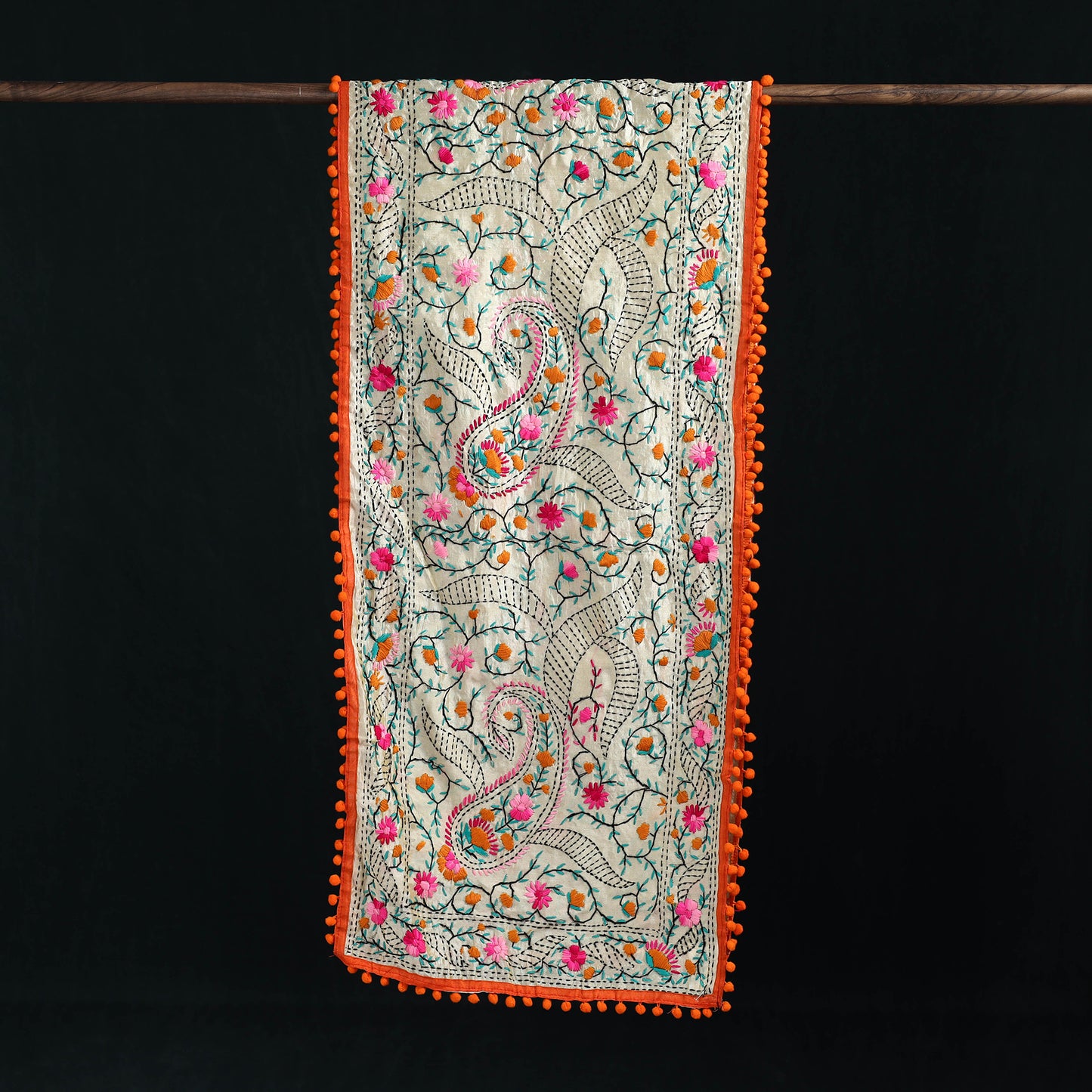 Beige - Ranihati Chanderi Silk Hand Embroidered Stole with Pom Pom 198