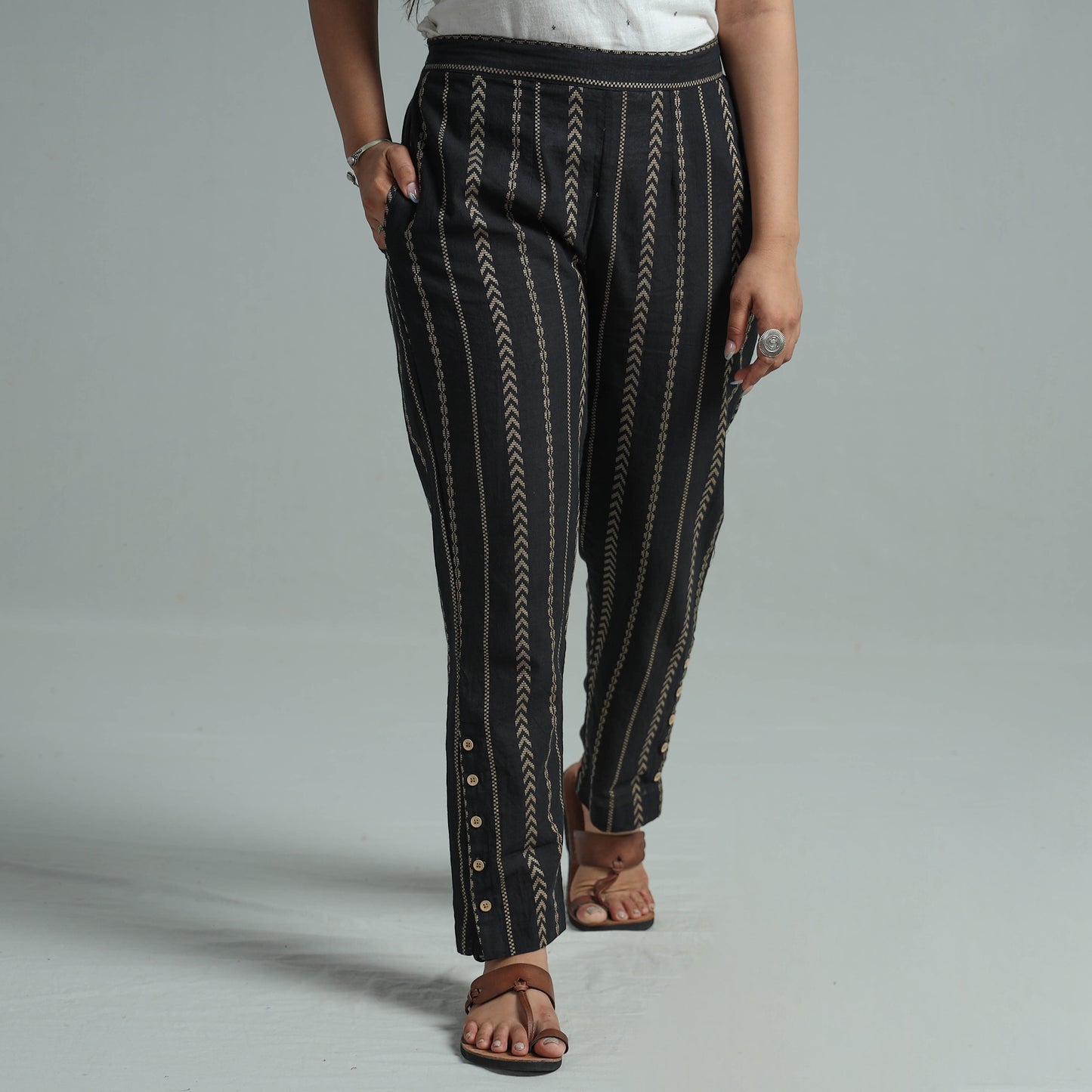 Black - Jacquard Weave Cotton Elasticated Pant 08