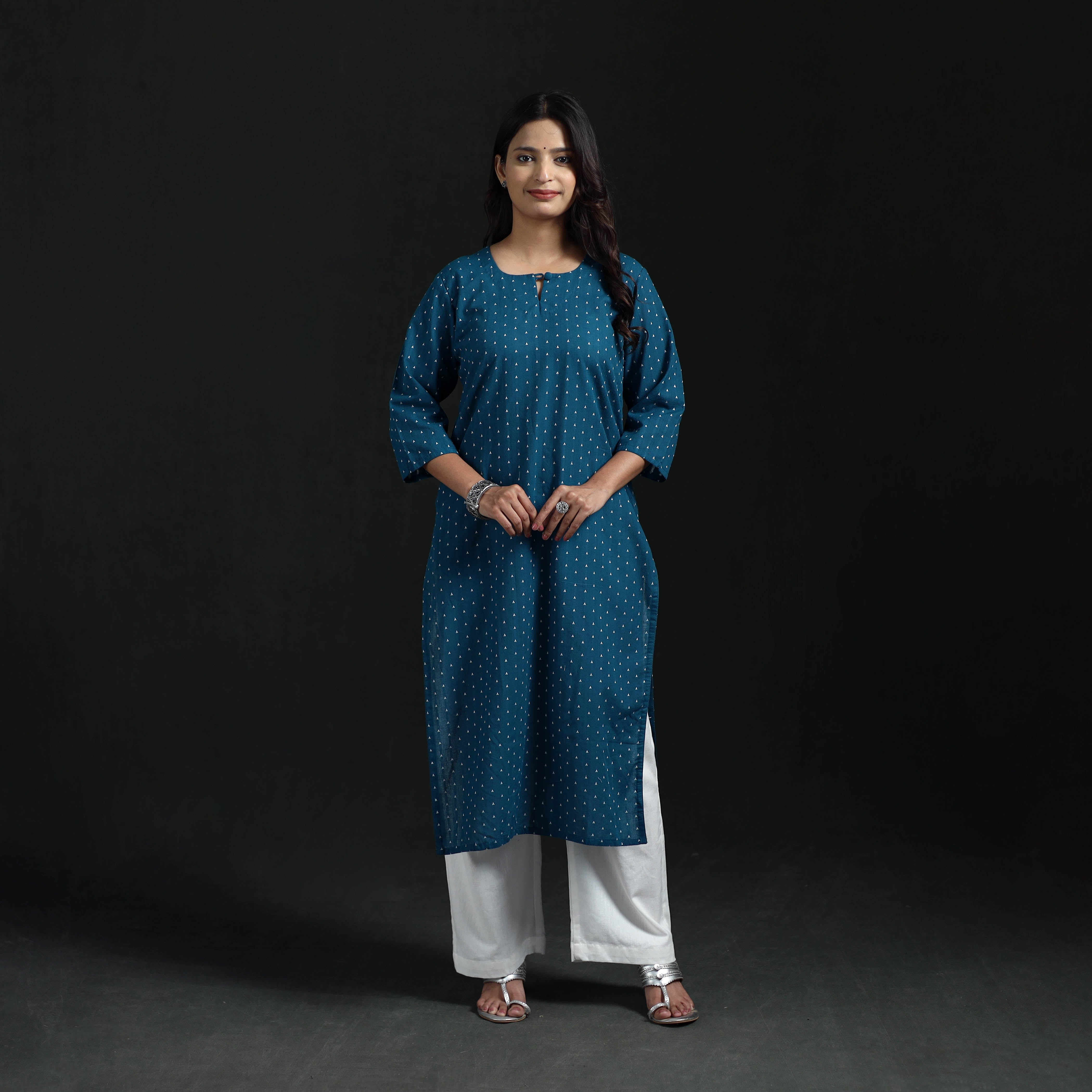 Blue - Jacquard Cotton Straight Long Kurta for Women 10