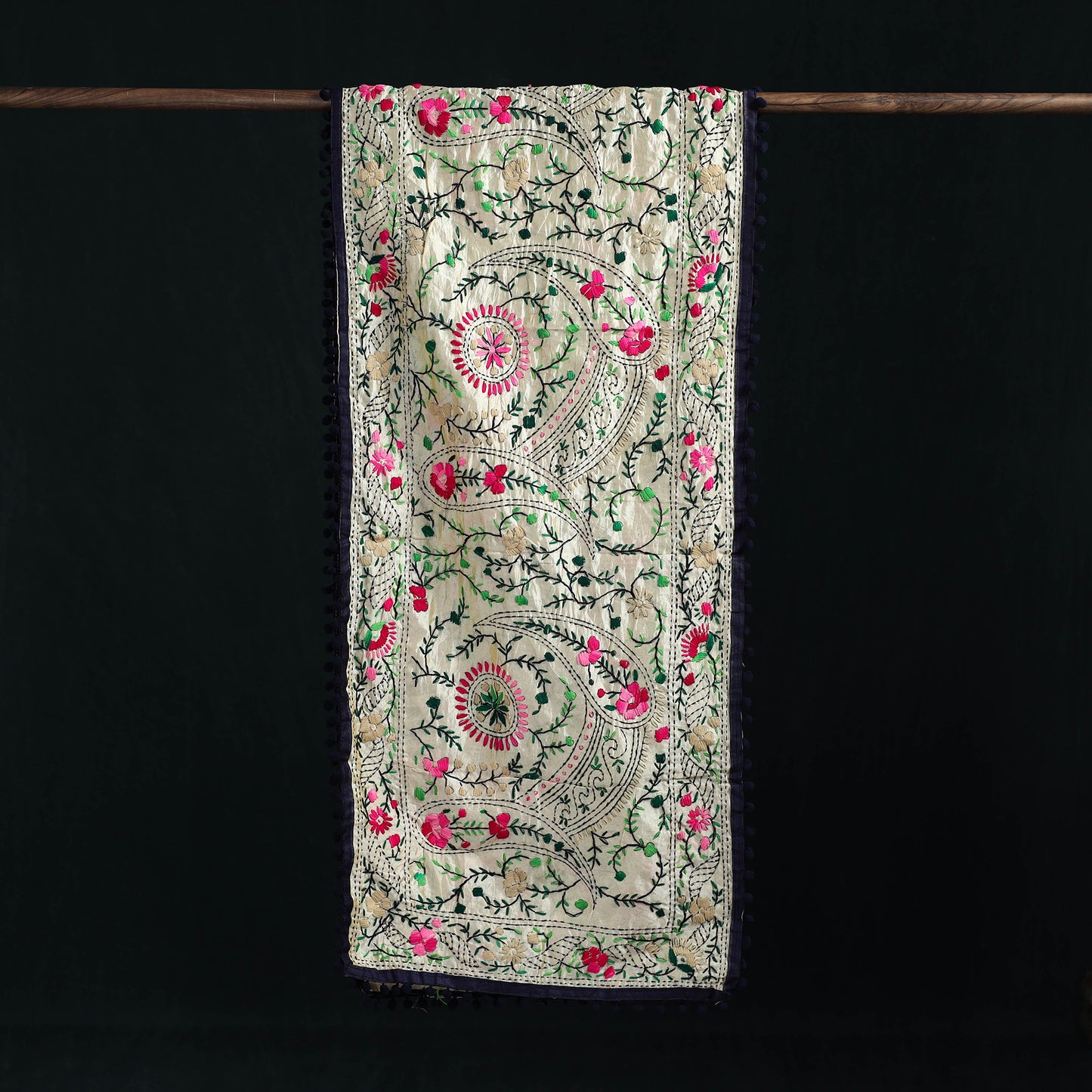 Ranihati Chanderi Silk Hand Embroidered Stole with Pom Pom 193
