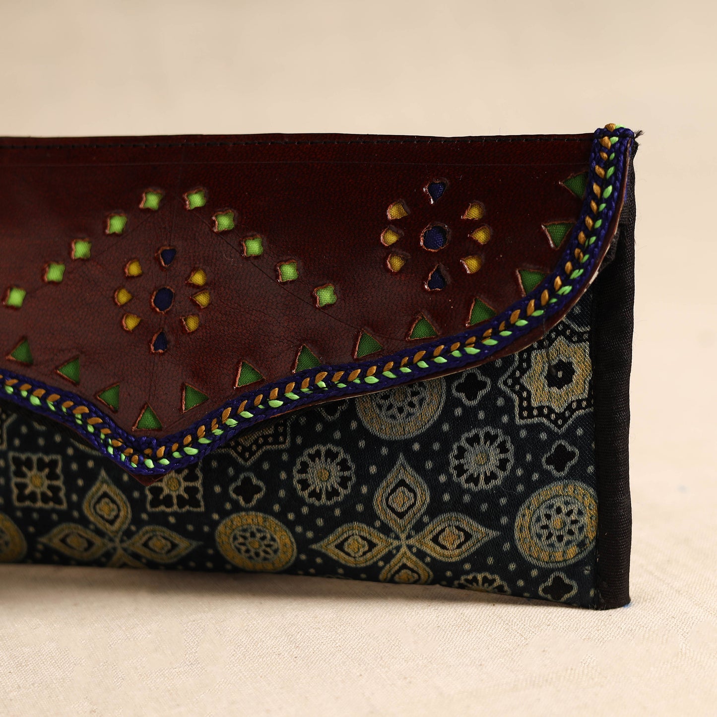 Traditional Kutch Mashru Silk Leather Flap Clutch / Wallet 111