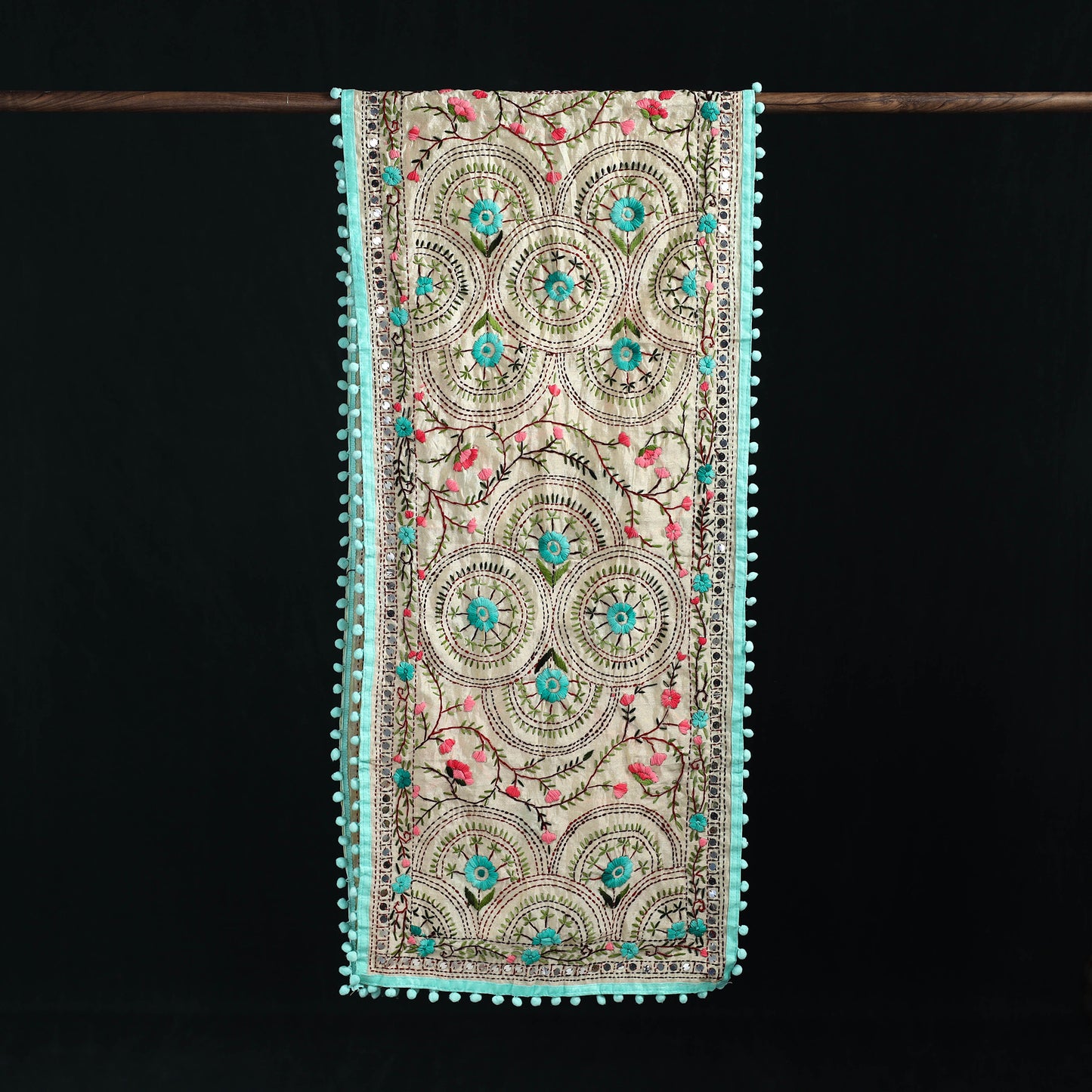 Ranihati Chanderi Silk Hand Embroidered Stole with Pom Pom 191