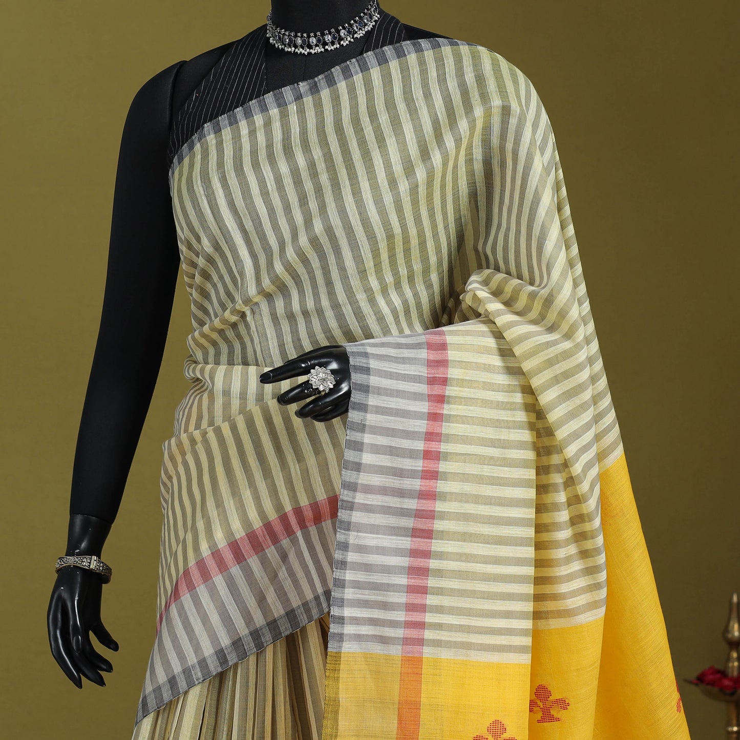 Yellow - handloom tussar silk thread buti stripes saree 49