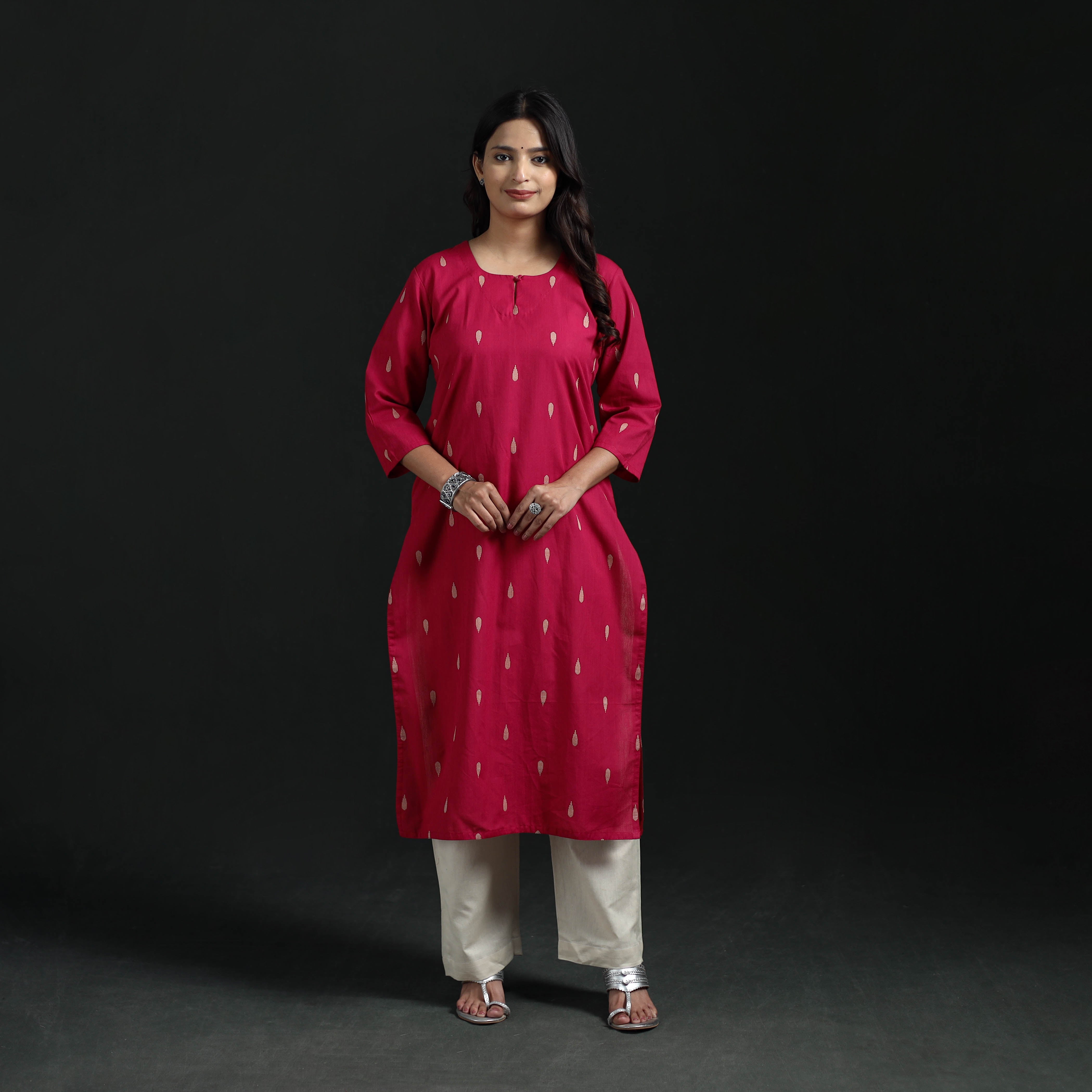 Pink - Jacquard Cotton Straight Long Kurta for Women 07