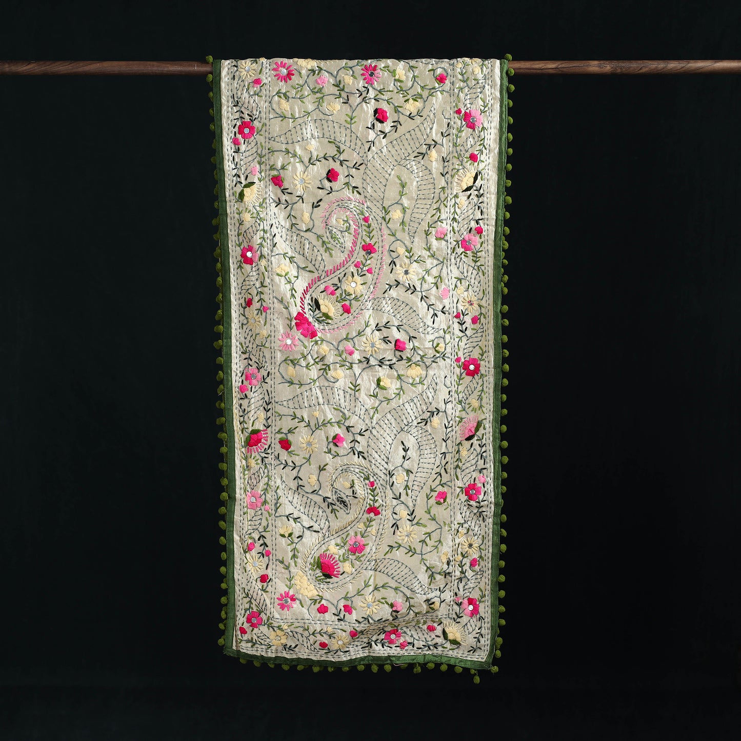 Ranihati Chanderi Silk Hand Embroidered Stole with Pom Pom 185