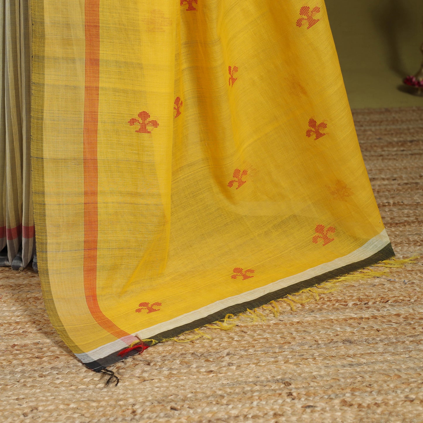 Yellow - handloom tussar silk thread buti stripes saree 49