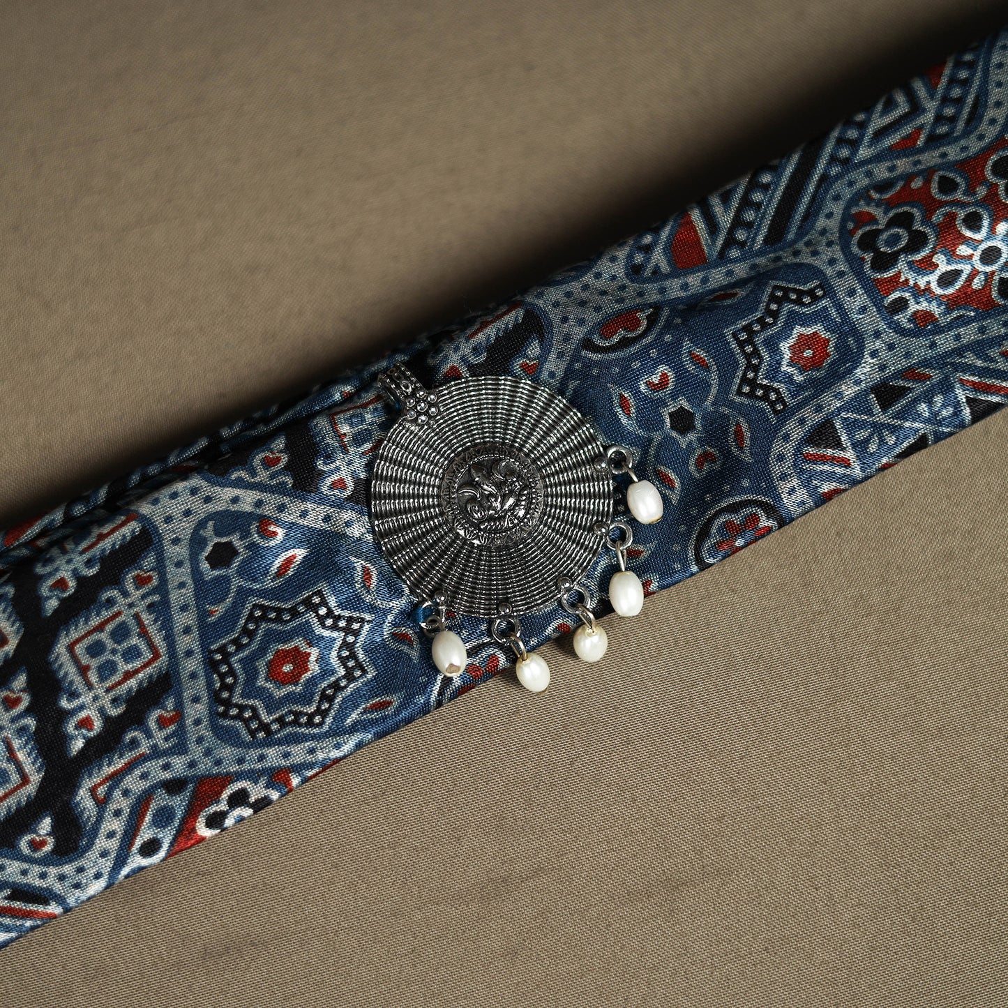 Ajrakh Hand Block Print Natural Dyed Modal Silk Brooch Scarf 01