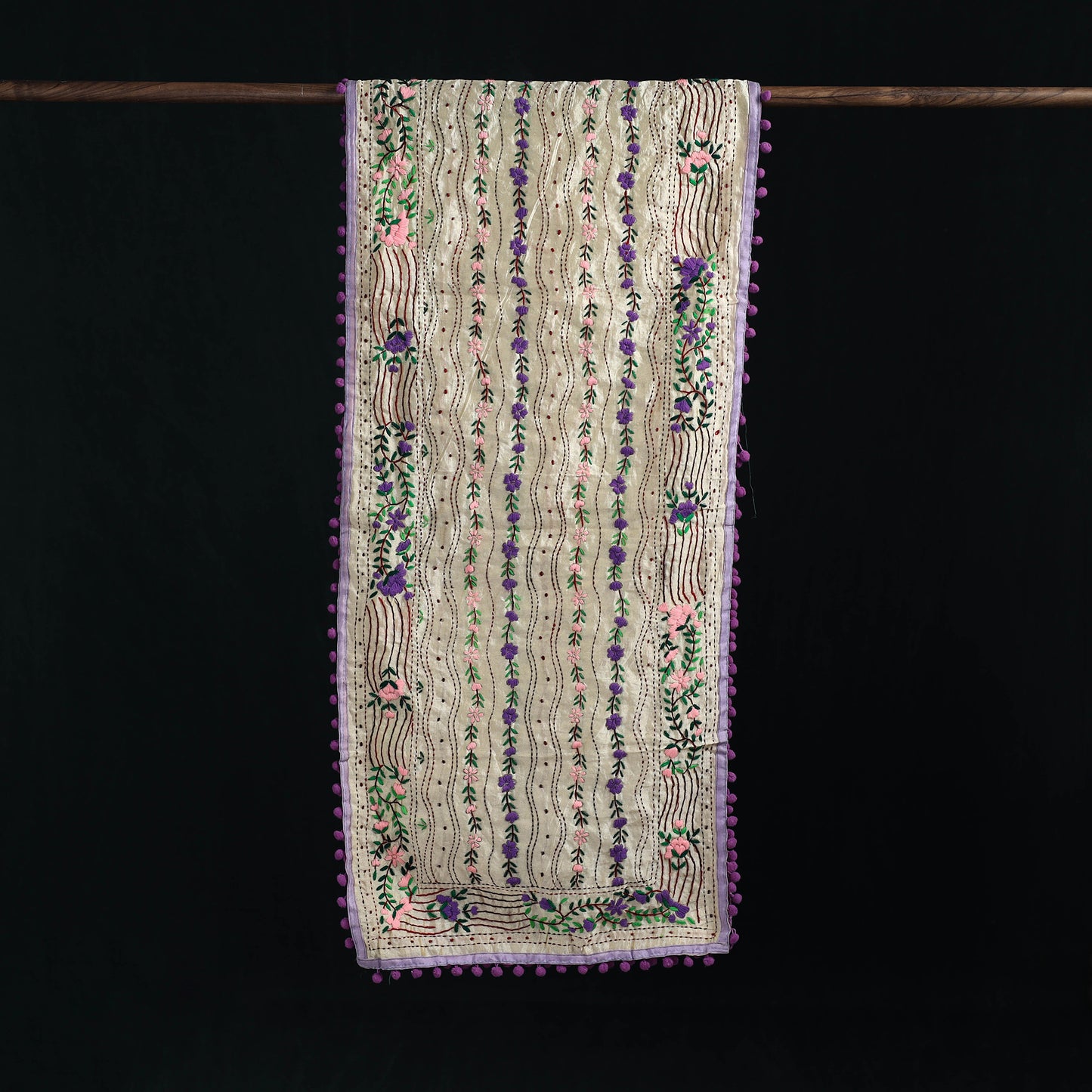 Ranihati Chanderi Silk Hand Embroidered Stole with Pom Pom 180
