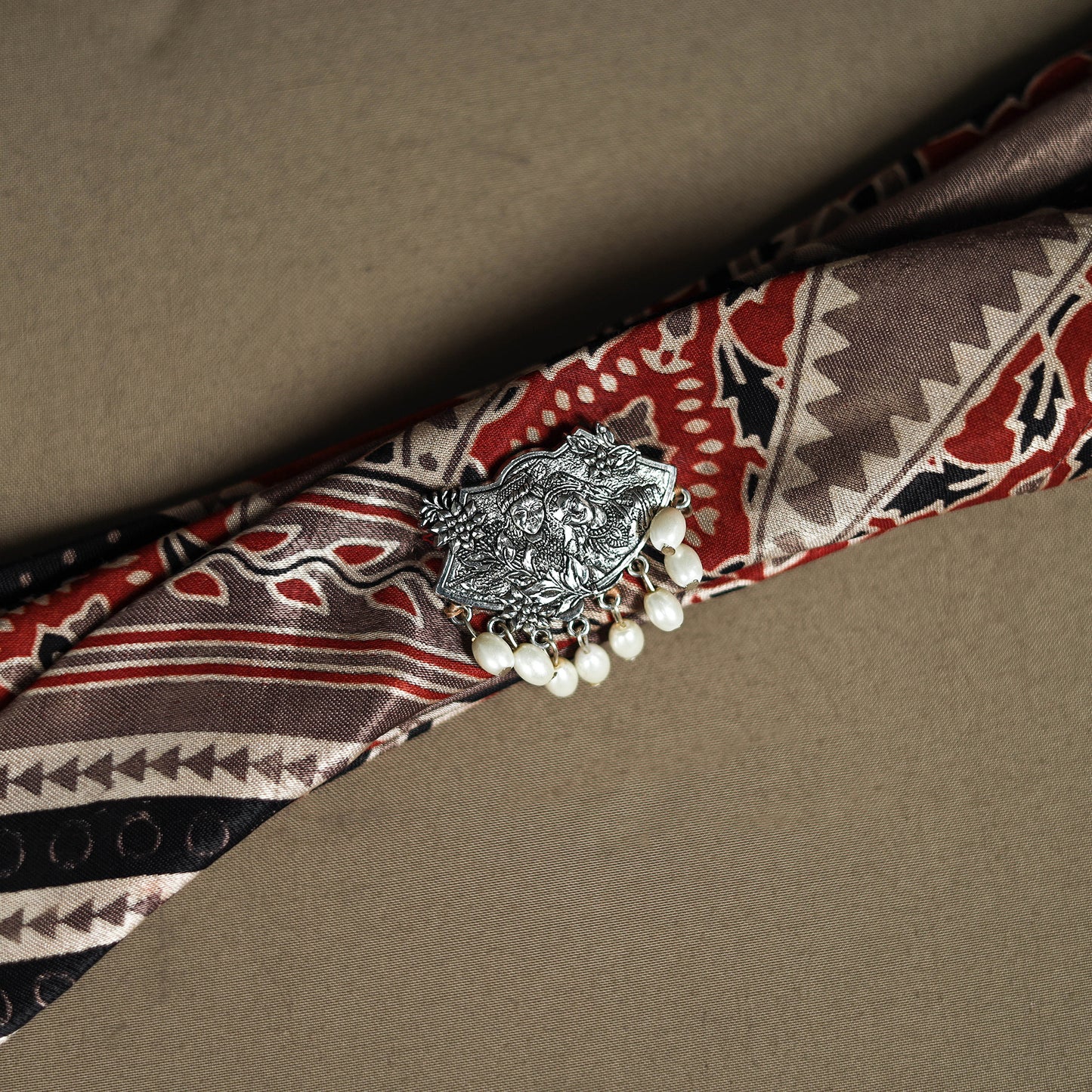 Ajrakh Hand Block Print Natural Dyed Modal Silk Brooch Scarf 03