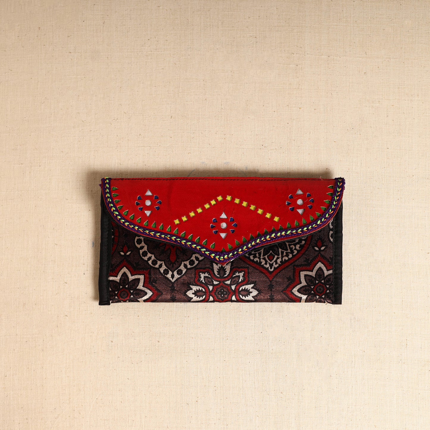 Brown - Traditional Kutch Mashru Silk Leather Flap Clutch / Wallet 114