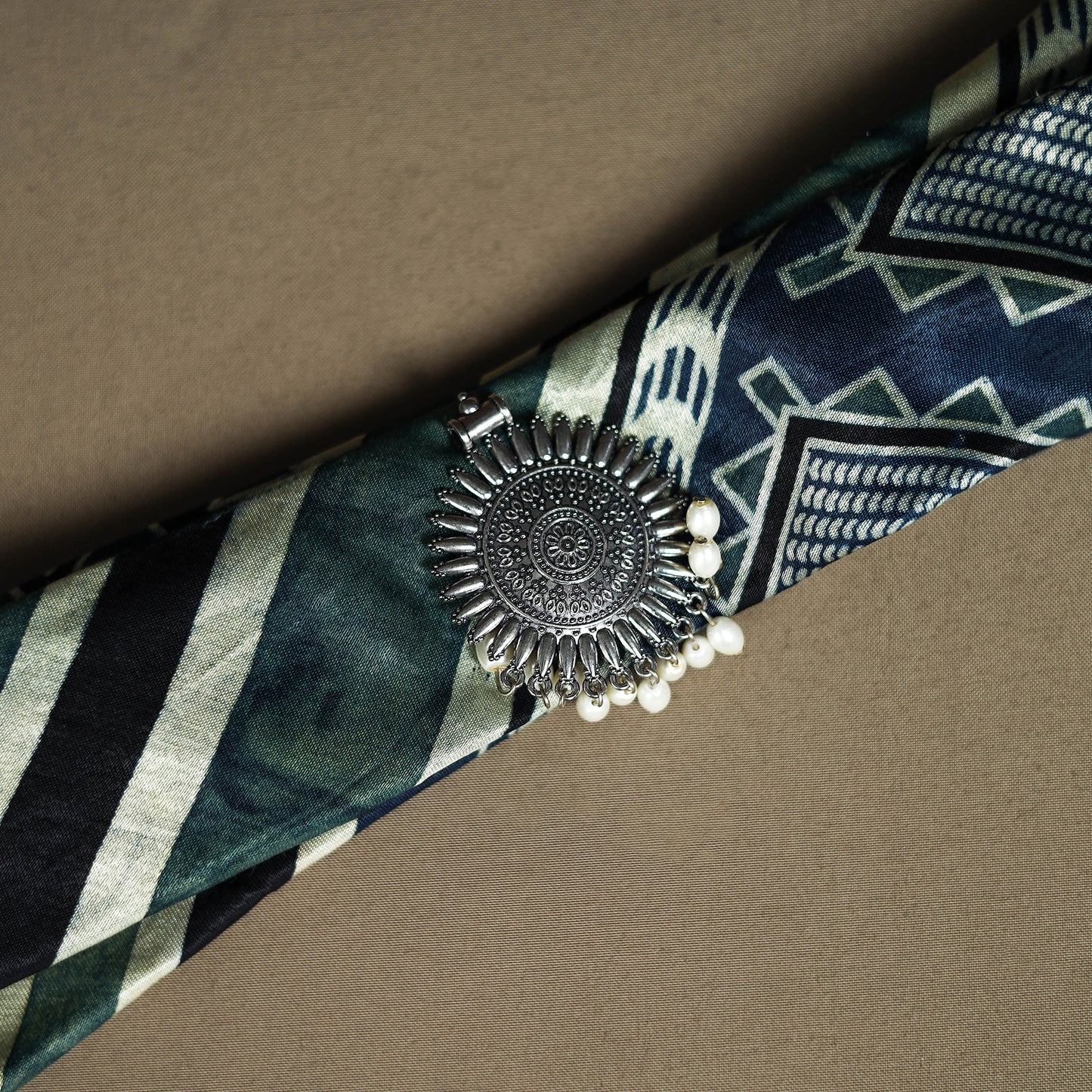 Ajrakh Hand Block Print Natural Dyed Modal Silk Brooch Scarf 04
