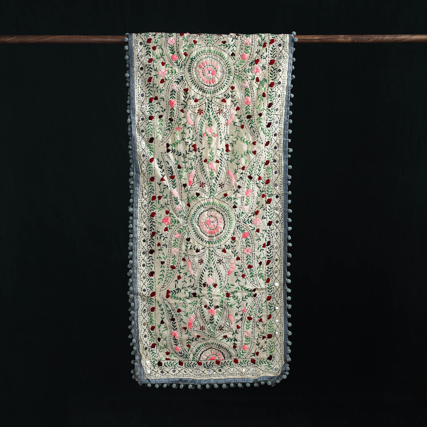 Ranihati Chanderi Silk Hand Embroidered Stole with Pom Pom 176