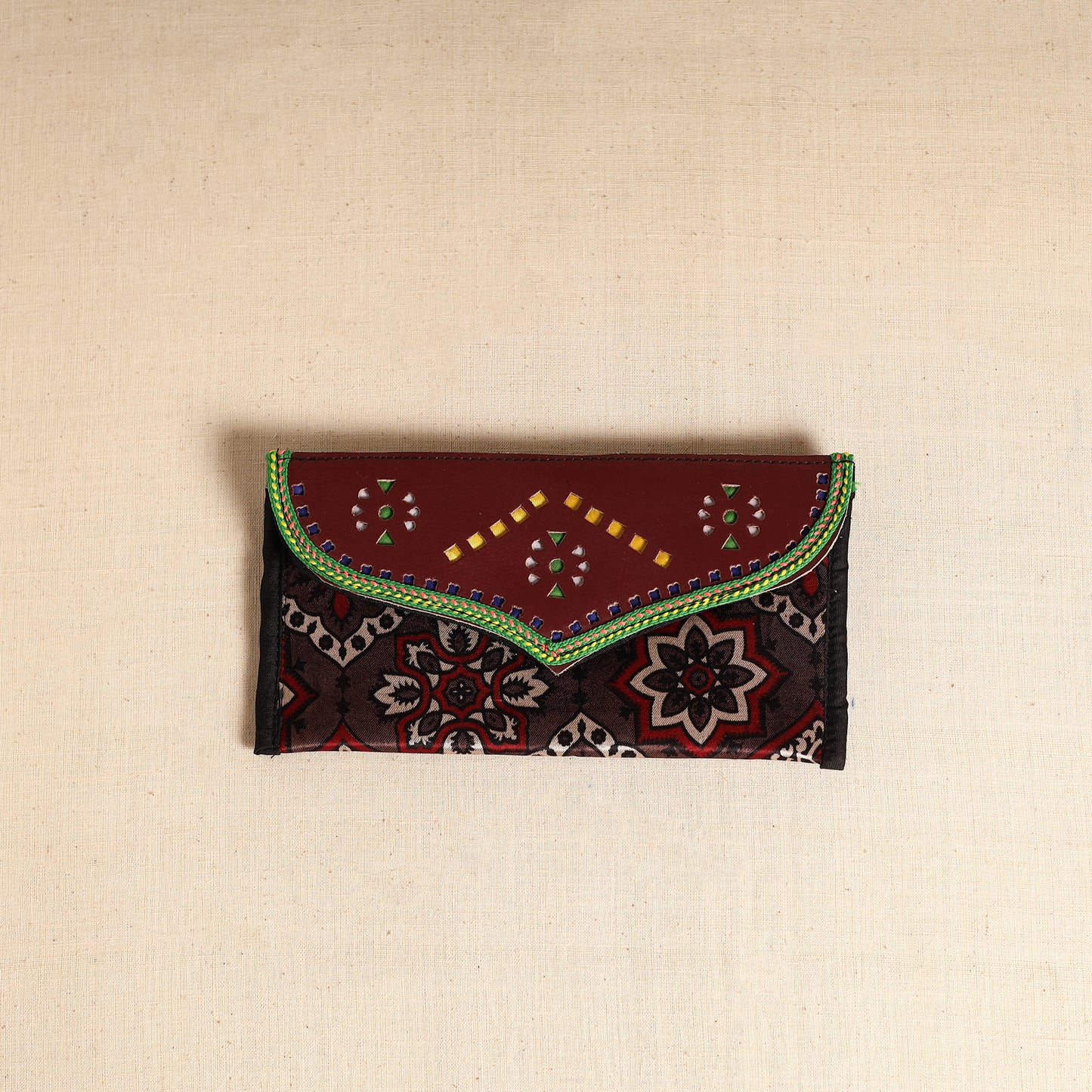 Traditional Kutch Mashru Silk Leather Flap Clutch / Wallet 112