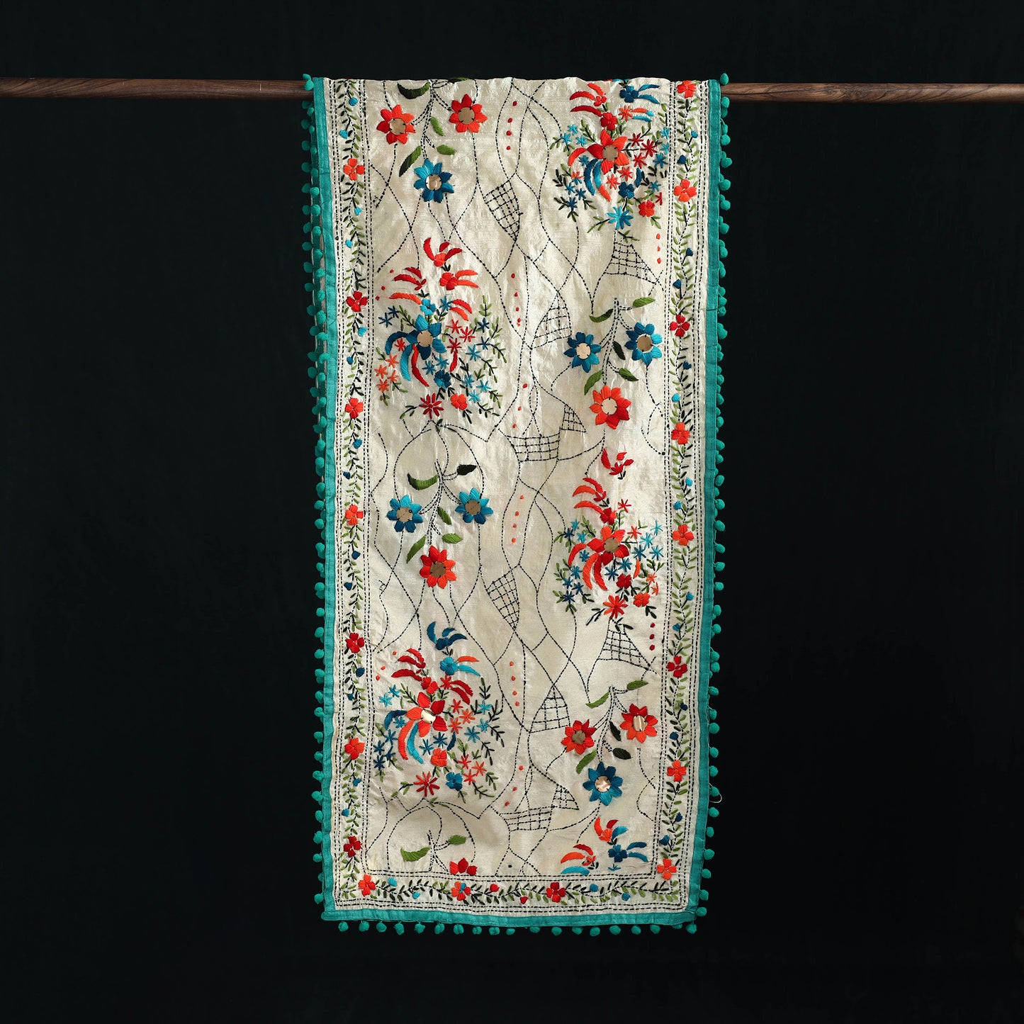 Ranihati Chanderi Silk Hand Embroidered Stole with Pom Pom 175