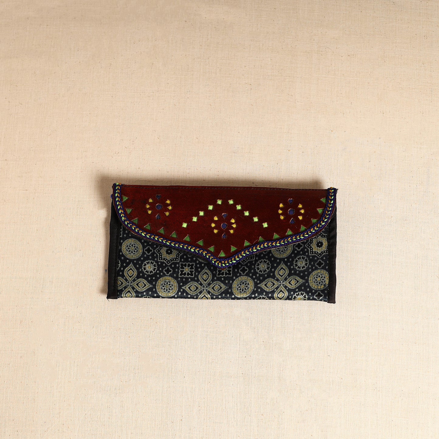 Traditional Kutch Mashru Silk Leather Flap Clutch / Wallet 111