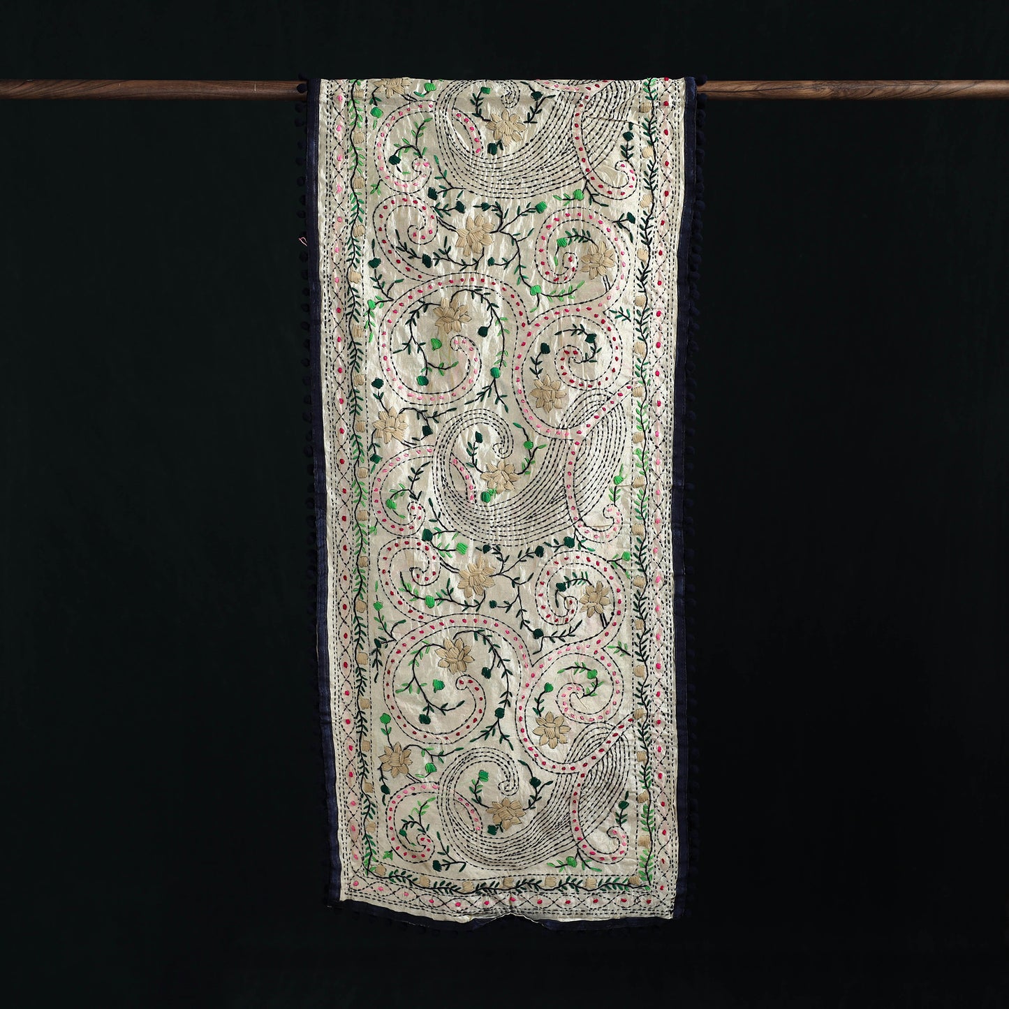 Ranihati Chanderi Silk Hand Embroidered Stole with Pom Pom 173