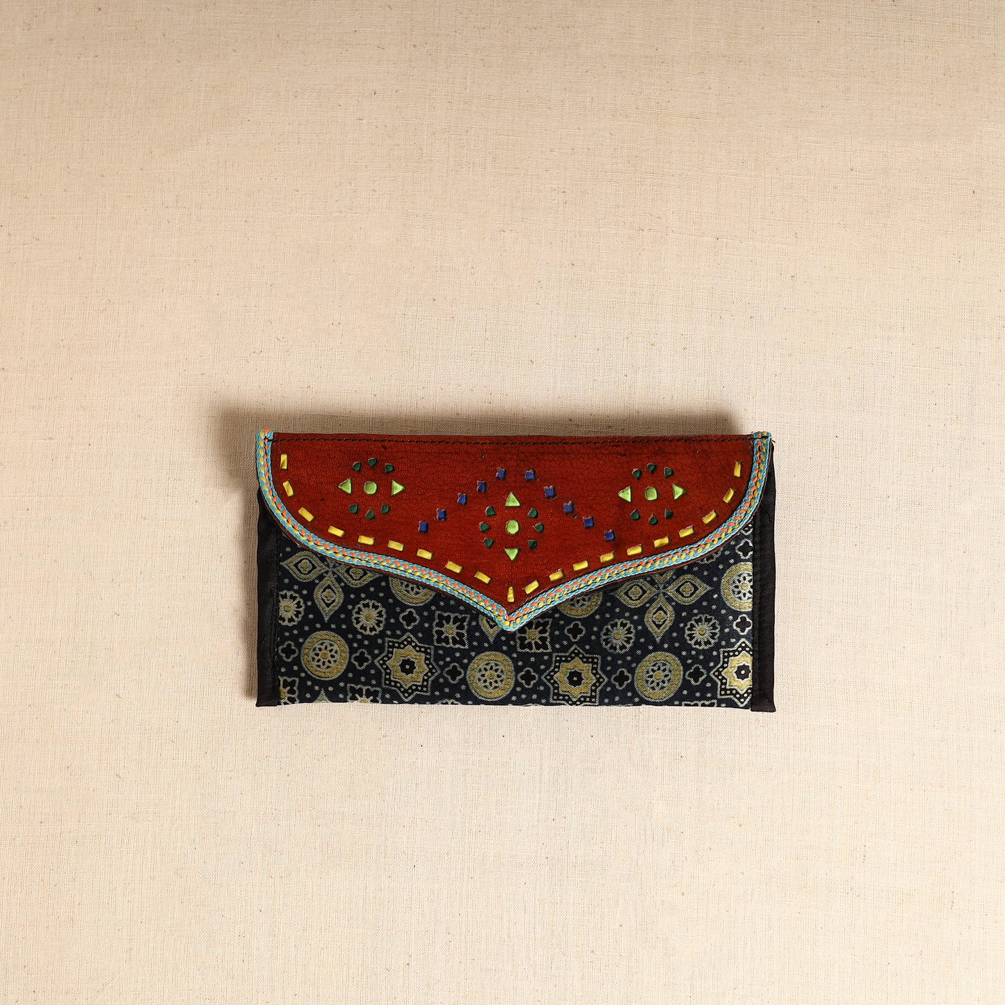 Traditional Kutch Mashru Silk Leather Flap Clutch / Wallet 110