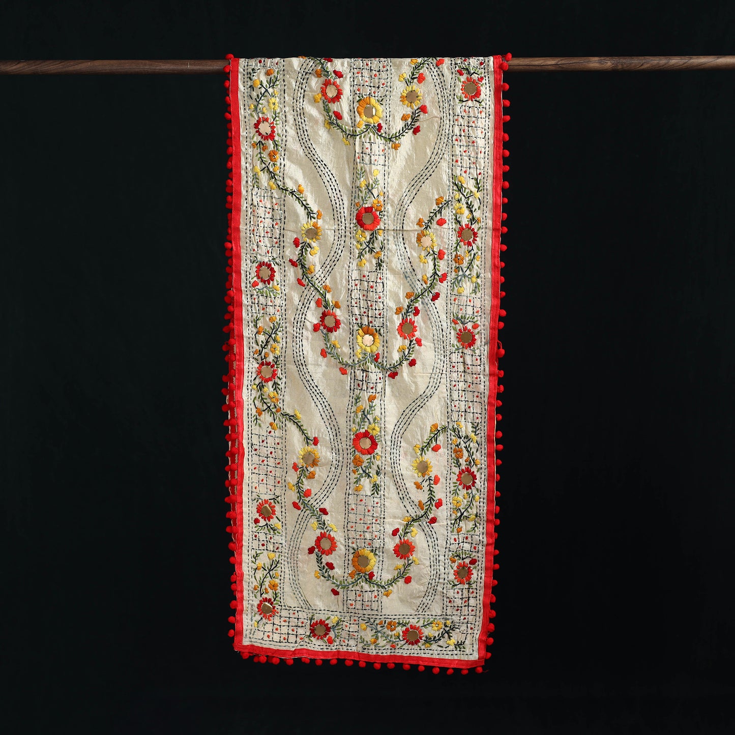 Ranihati Chanderi Silk Hand Embroidered Stole with Pom Pom 172