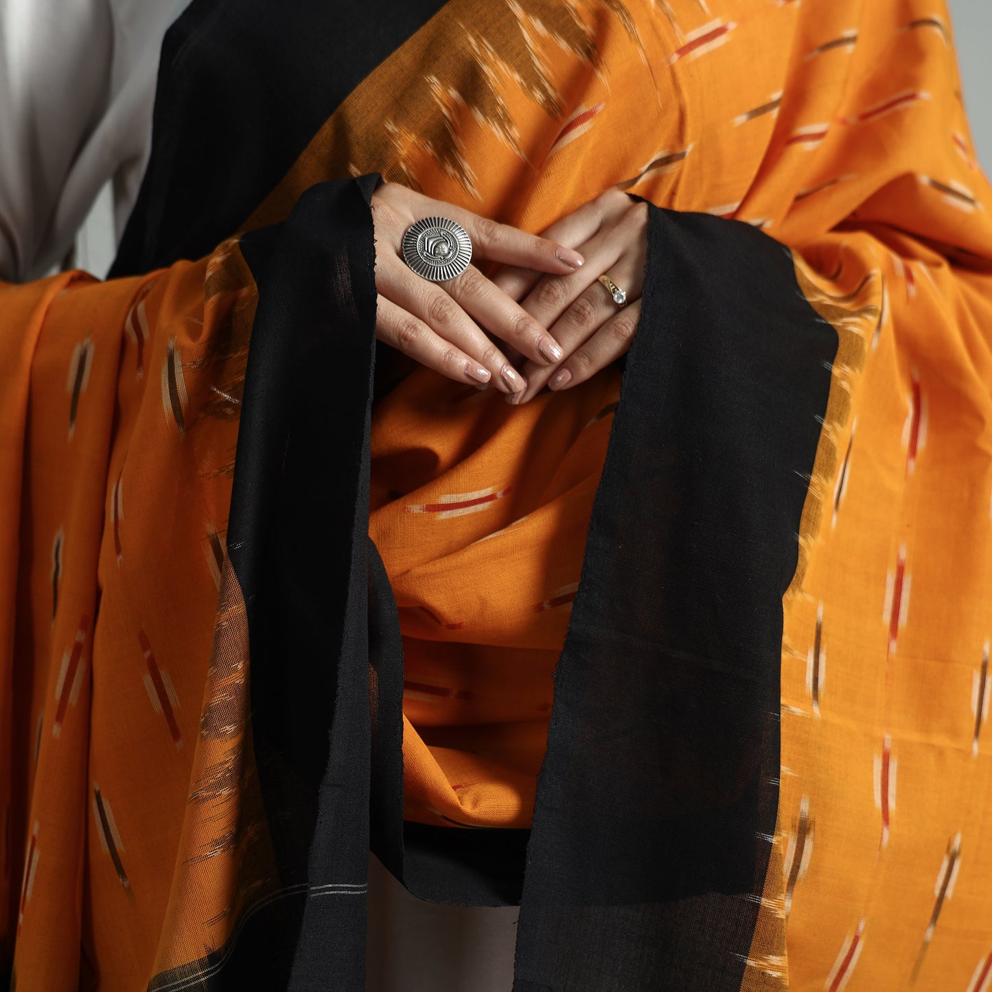 Orange - Pochampally Ikat Weave Cotton Handloom Dupatta 50