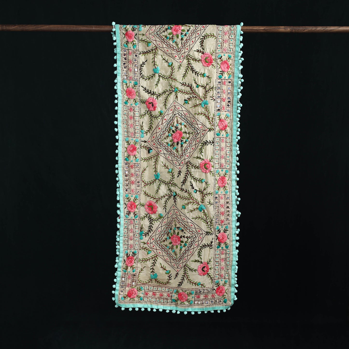 Ranihati Chanderi Silk Hand Embroidered Stole with Pom Pom 171