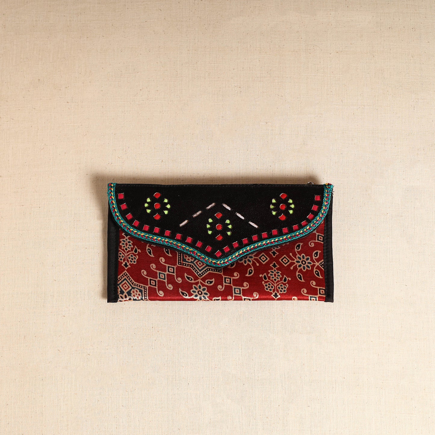Traditional Kutch Mashru Silk Leather Flap Clutch / Wallet 108