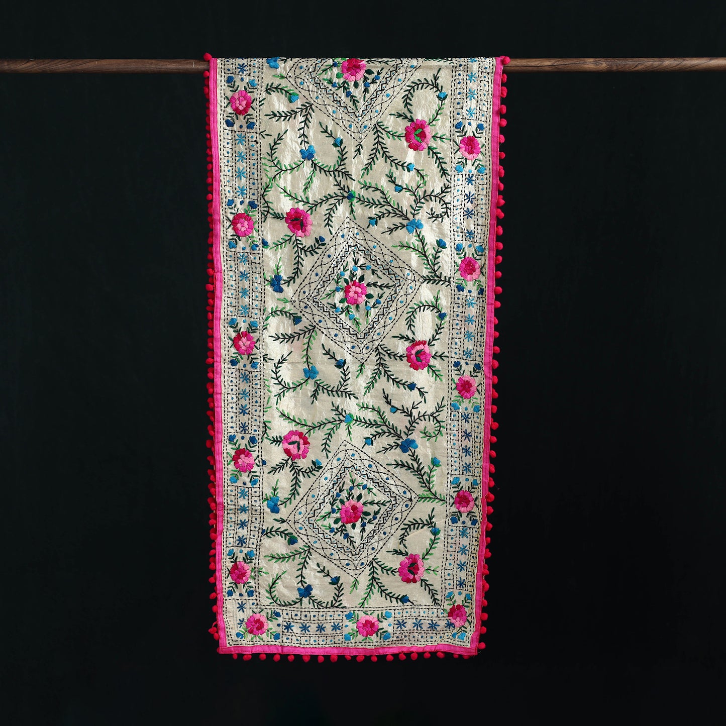 Ranihati Chanderi Silk Hand Embroidered Stole with Pom Pom 168