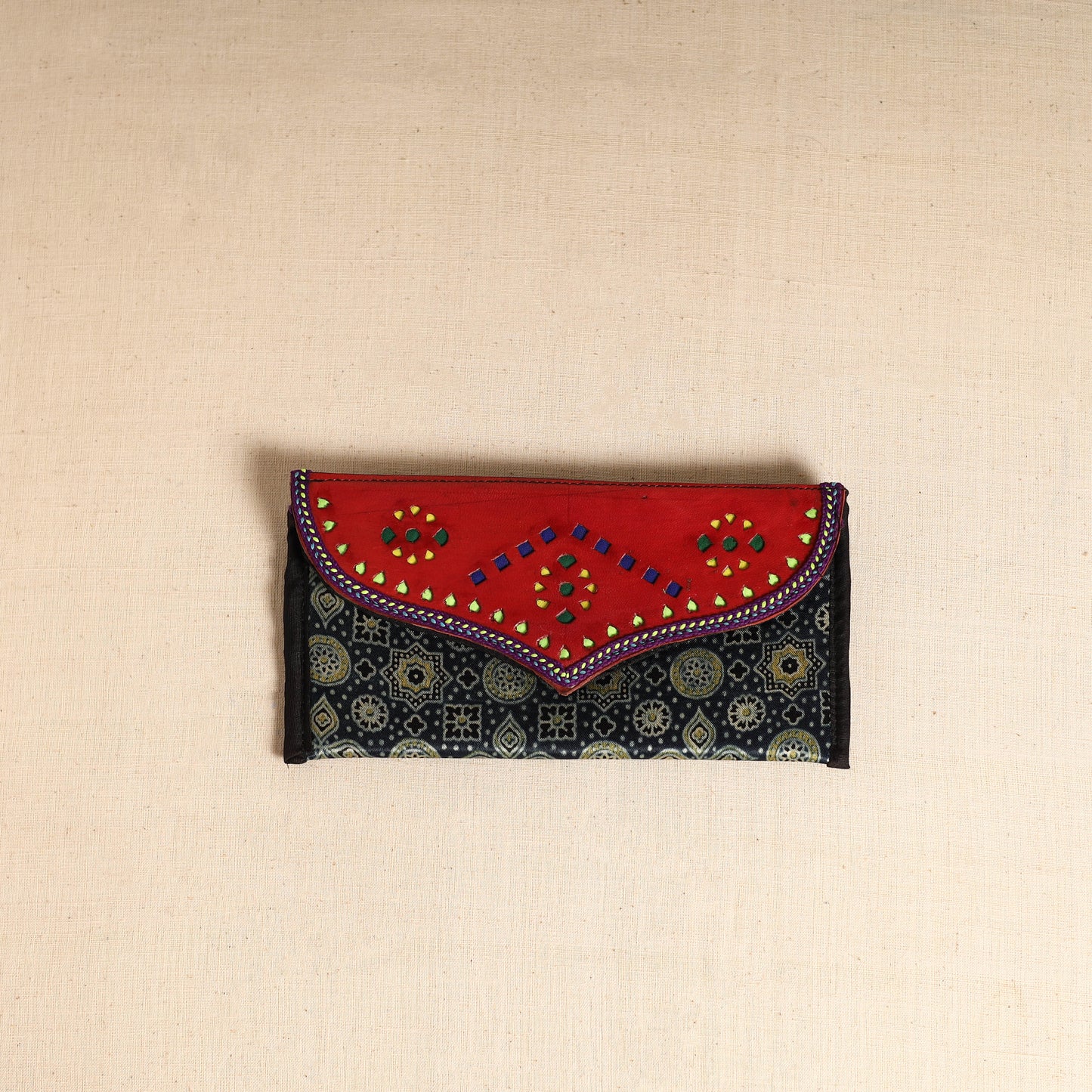 Traditional Kutch Mashru Silk Leather Flap Clutch / Wallet 106