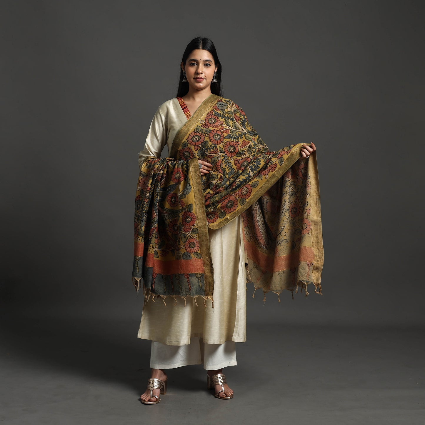 Yellow - mangalagiri cotton handpainted pen work kalamkari