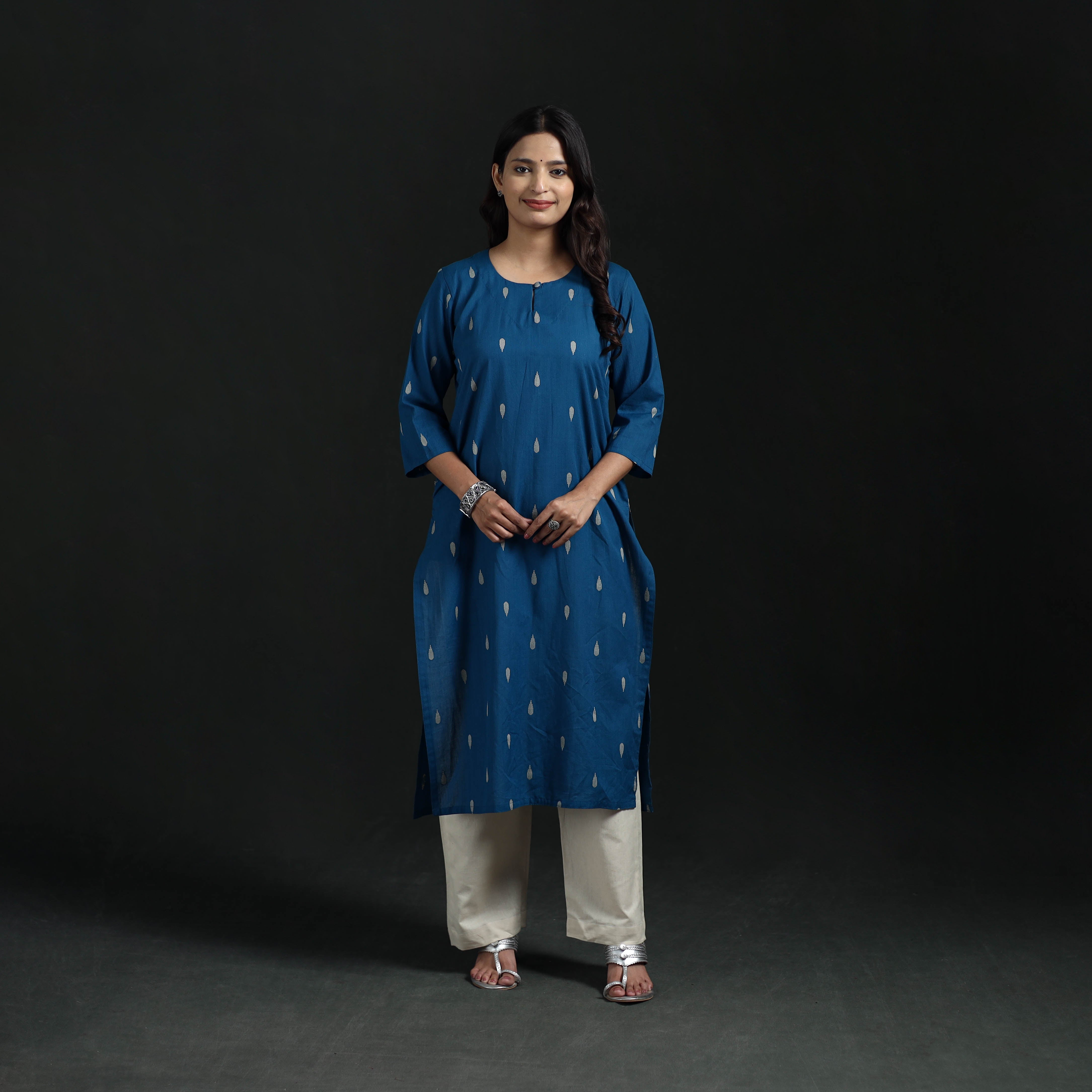 Blue - Jacquard Cotton Straight Long Kurta for Women 08
