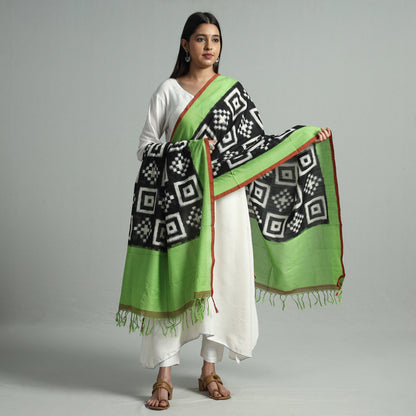Black - Pochampally Double Ikat Cotton Handloom Dupatta with Tassels 68
