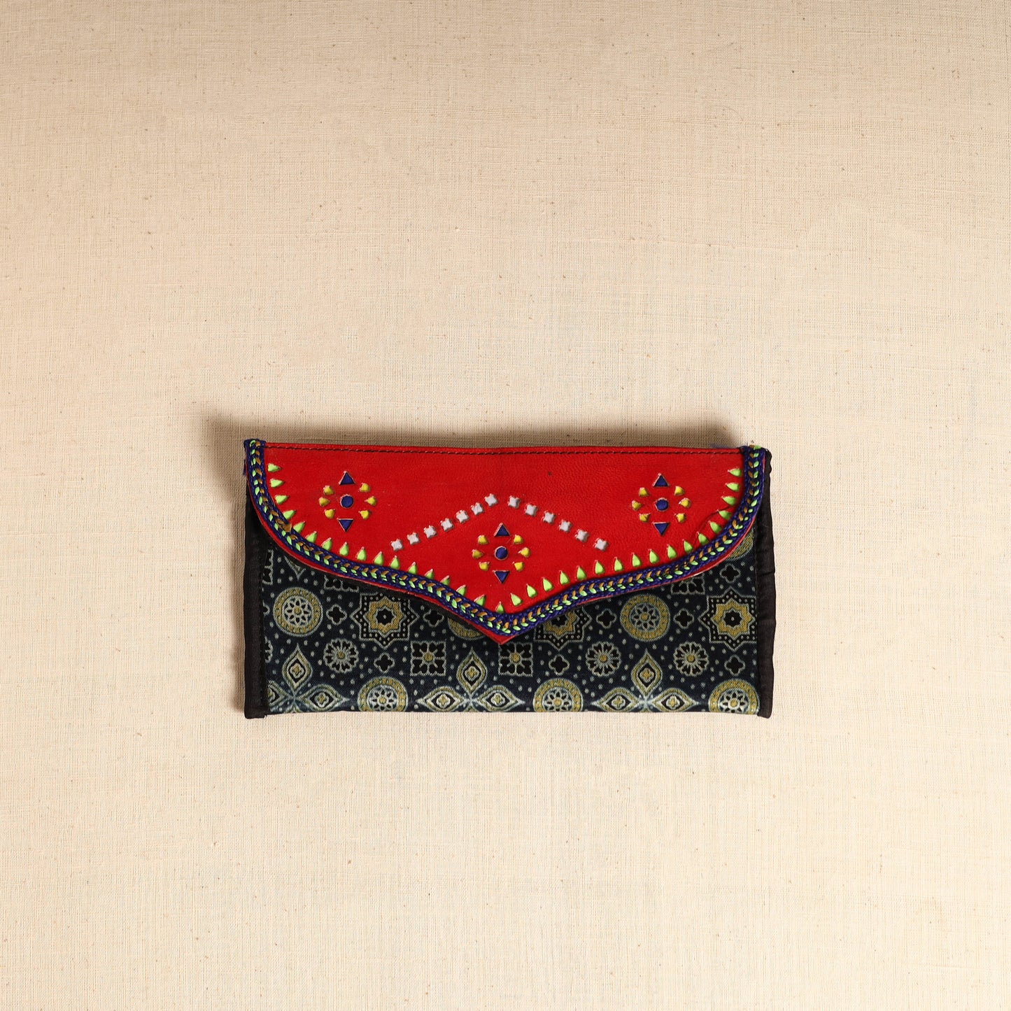 Traditional Kutch Mashru Silk Leather Flap Clutch / Wallet 104